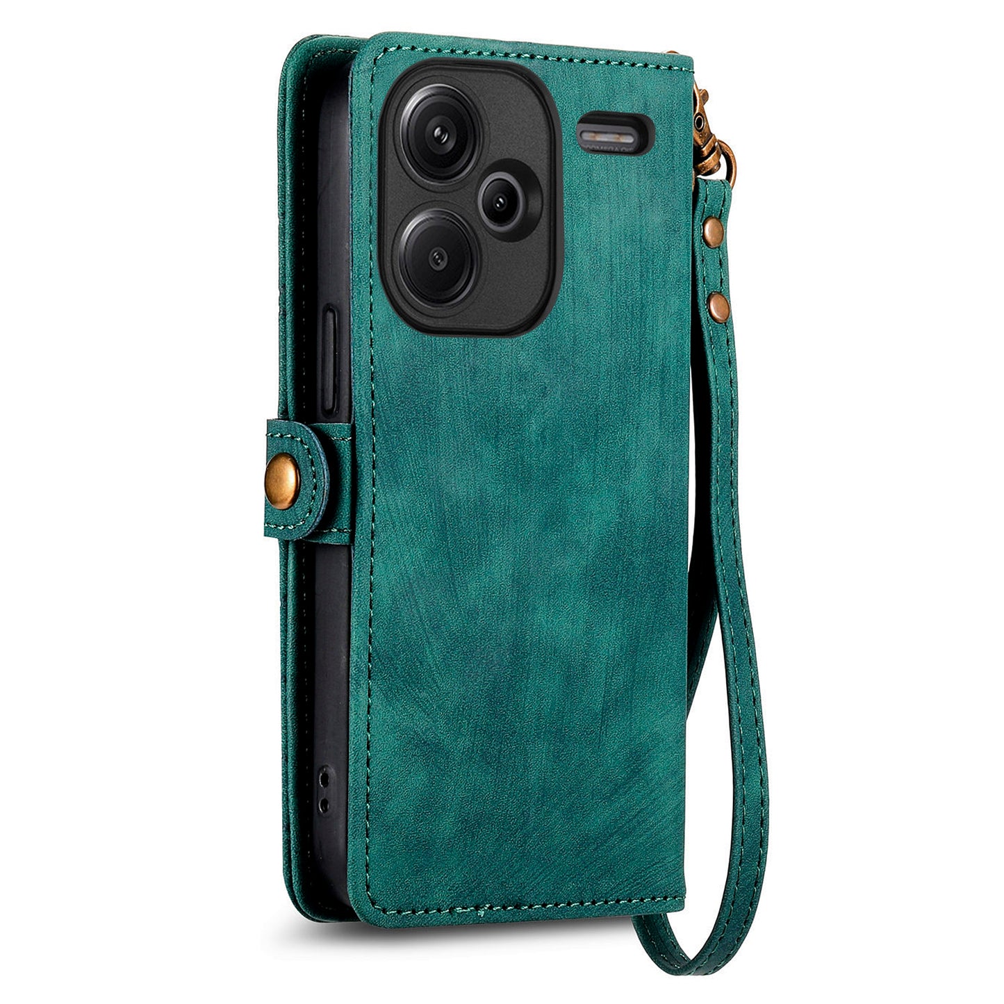 For Xiaomi Redmi Note 13 Pro+ 5G Cell Phone Case Imprinted Zipper Pocket Shockproof Cover with Stand - Green