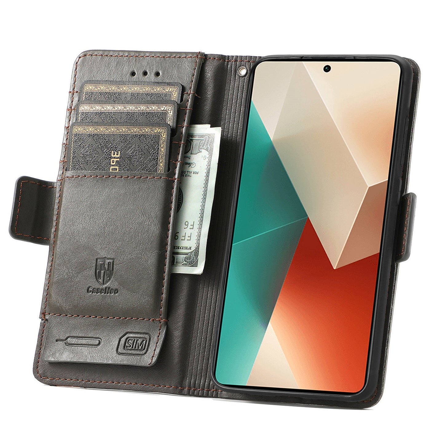 CASENEO 002 Series For Xiaomi Redmi Note 13 5G PU Leather Case with RFID Blocking Flip Wallet Phone Cover - Grey