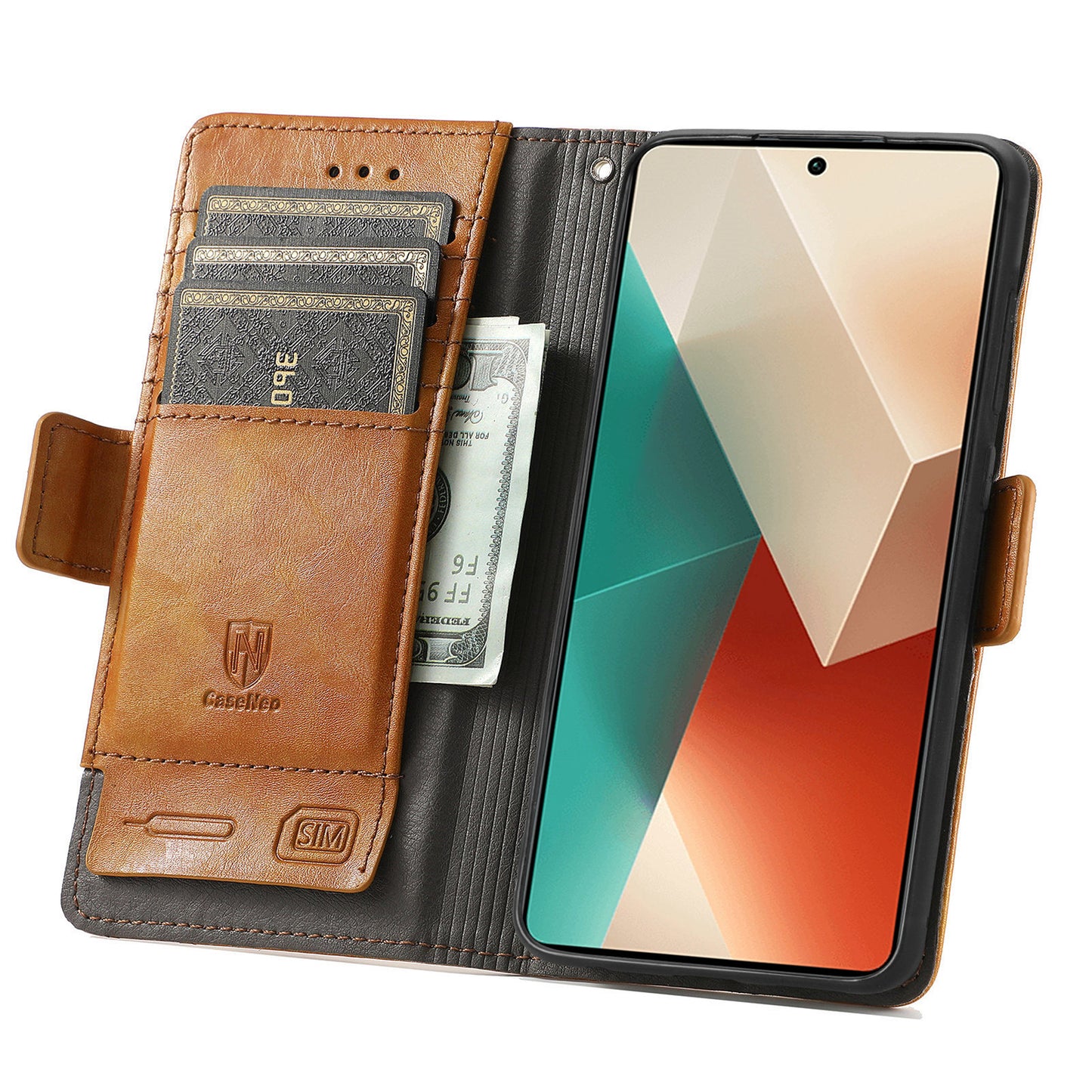 CASENEO 002 Series For Xiaomi Redmi Note 13 5G PU Leather Case with RFID Blocking Flip Wallet Phone Cover - Light Brown