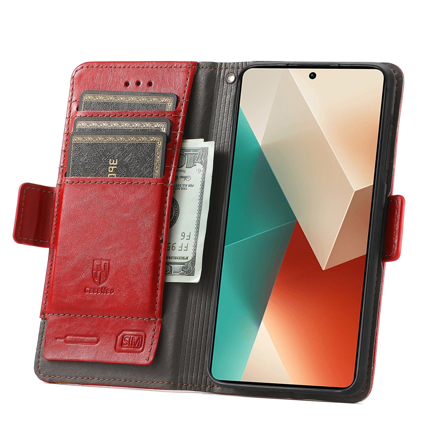 CASENEO 002 Series For Xiaomi Redmi Note 13 5G PU Leather Case with RFID Blocking Flip Wallet Phone Cover - Red