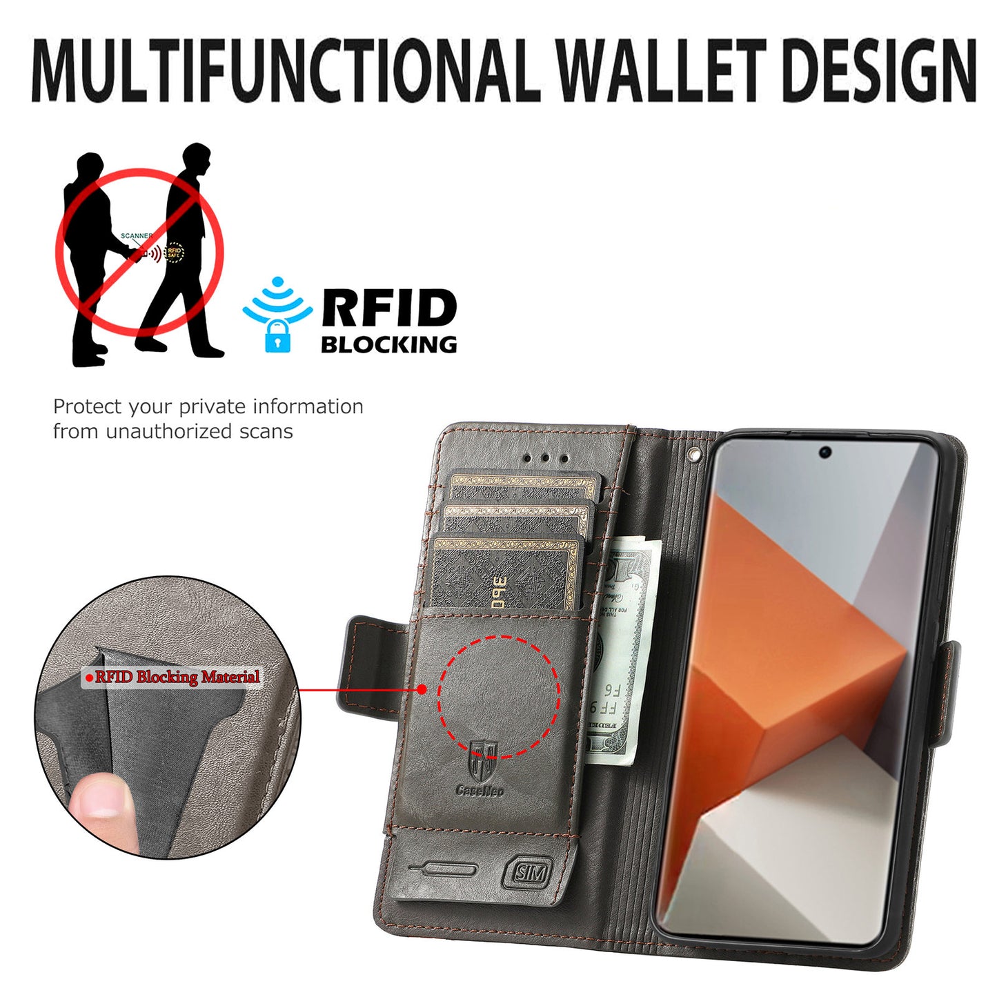 CASENEO 002 Series For Xiaomi Redmi Note 13 Pro+ 5G Case Wallet Stand Flip Phone Cover RFID Blocking - Dark Brown