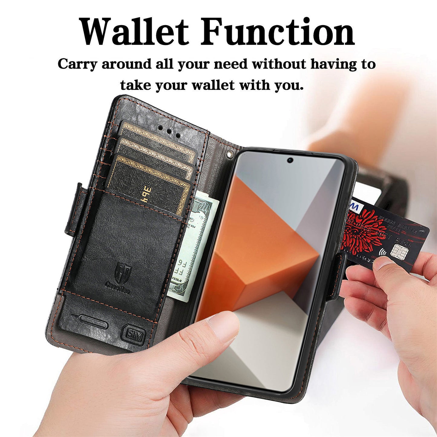CASENEO 002 Series For Xiaomi Redmi Note 13 Pro+ 5G Case Wallet Stand Flip Phone Cover RFID Blocking - Light Brown