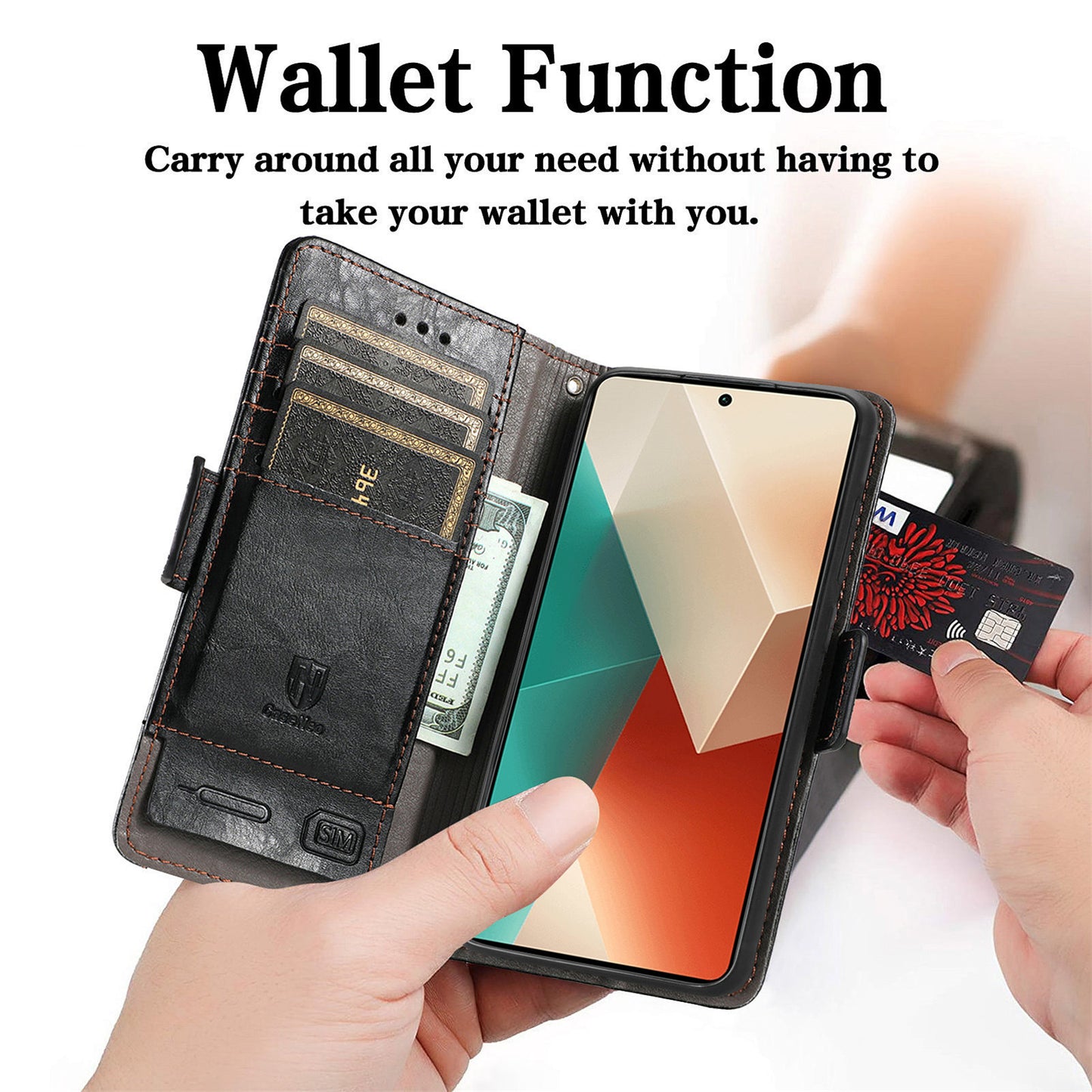 CASENEO 002 Series For Xiaomi Redmi Note 13 Pro 5G / Poco X6 5G / Poco M6 Pro 4G Leather Phone Case RFID Blocking Wallet - Dark Brown