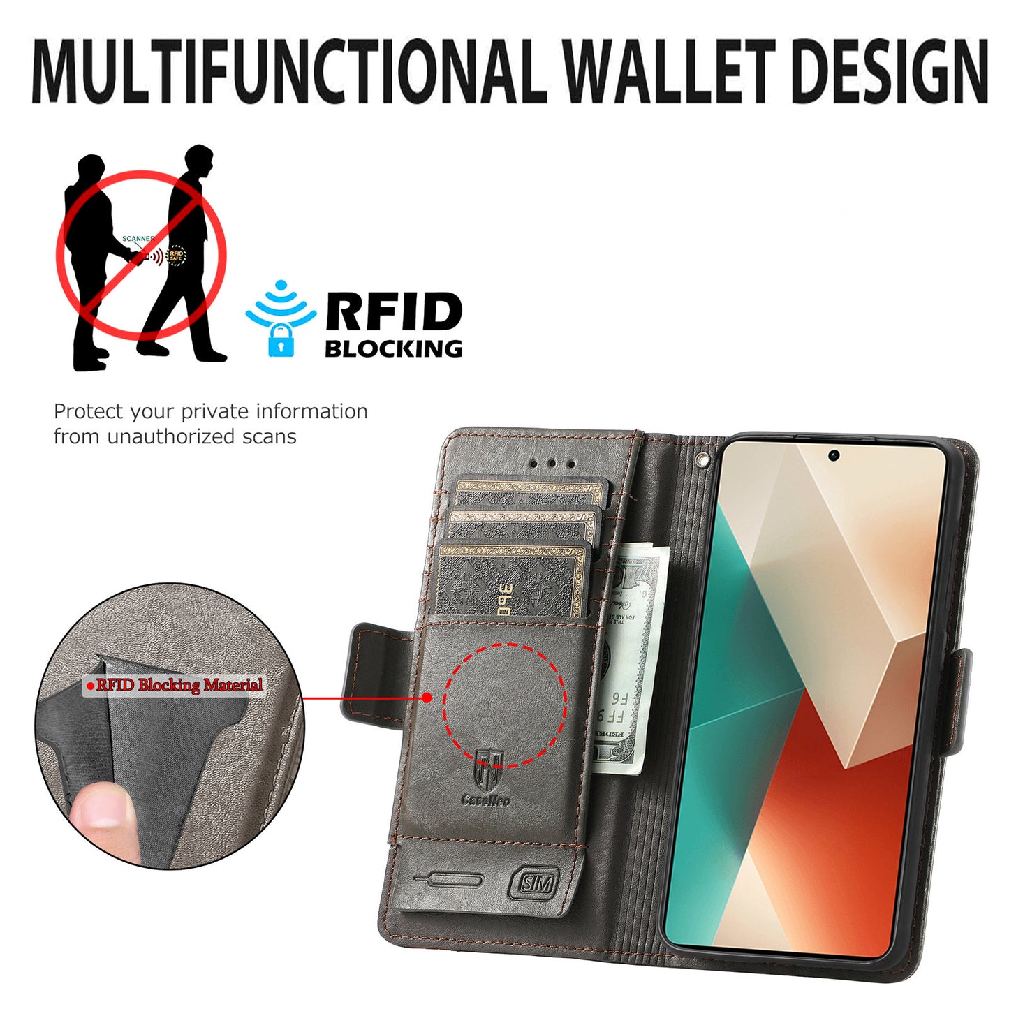 CASENEO 002 Series For Xiaomi Redmi Note 13 Pro 5G / Poco X6 5G / Poco M6 Pro 4G Leather Phone Case RFID Blocking Wallet - Dark Brown