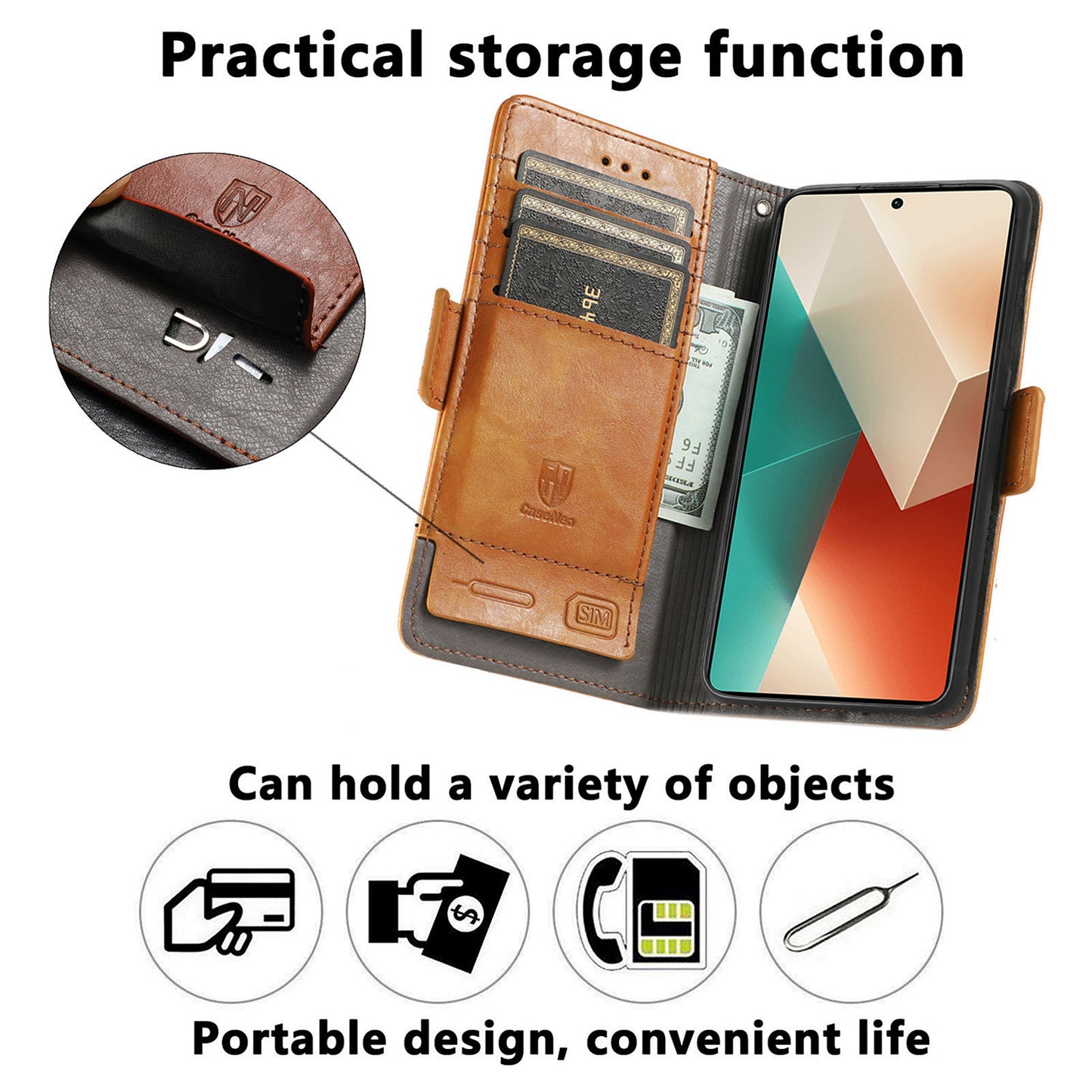 CASENEO 002 Series For Xiaomi Redmi Note 13 Pro 5G / Poco X6 5G / Poco M6 Pro 4G Leather Phone Case RFID Blocking Wallet - Dark Brown