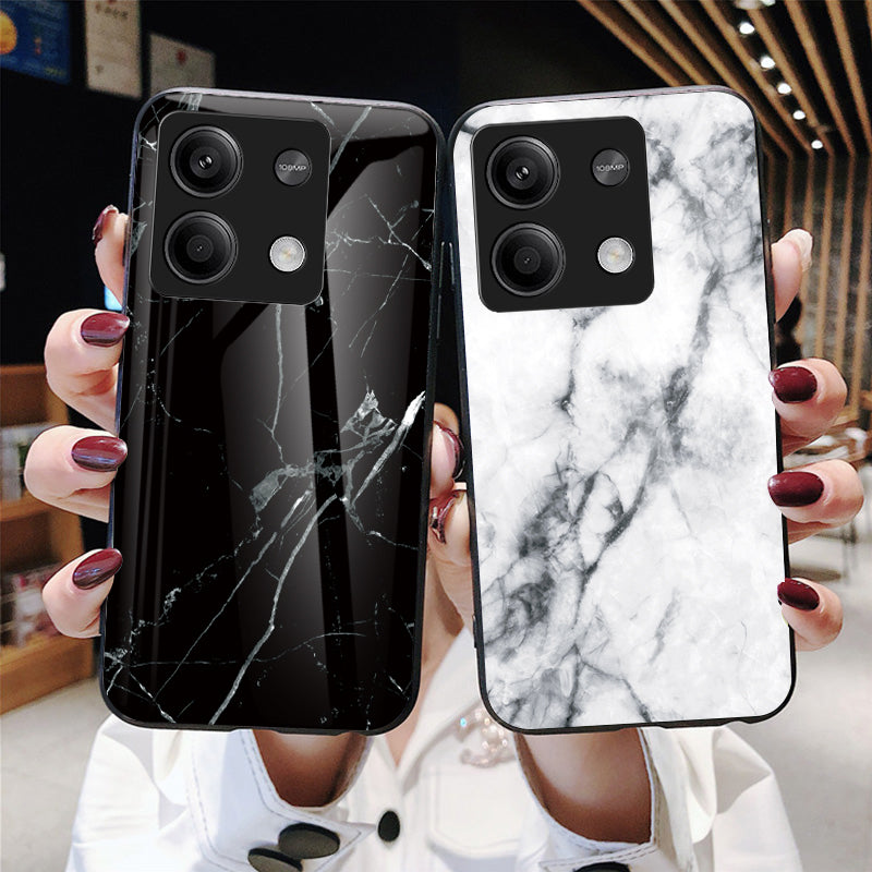 For Xiaomi Redmi Note 13 5G Case Marble Pattern Shockproof Tempered Glass+PC+TPU Cover - White Marble