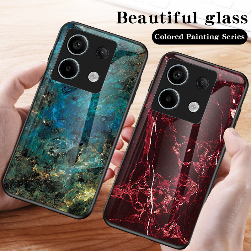 For Xiaomi Redmi Note 13 Pro 5G / Poco X6 5G Case Marble Pattern Scratch-proof Tempered Glass+PC+TPU Phone Shell - Gold Black Marble
