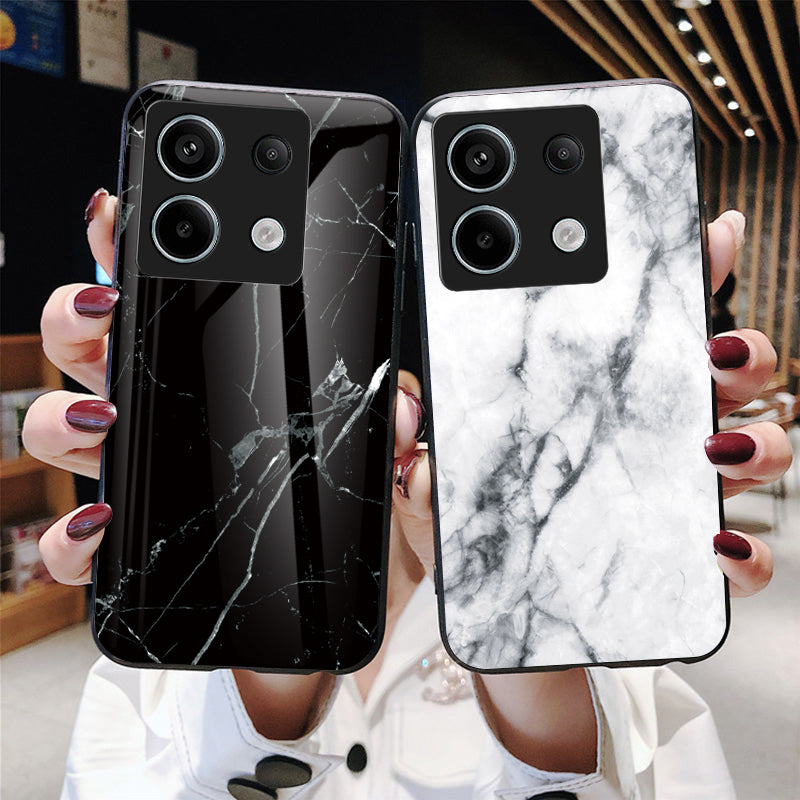 For Xiaomi Redmi Note 13 Pro 5G / Poco X6 5G Case Marble Pattern Scratch-proof Tempered Glass+PC+TPU Phone Shell - Gold Black Marble