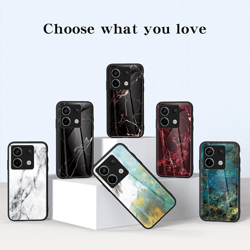For Xiaomi Redmi Note 13 Pro 5G / Poco X6 5G Case Marble Pattern Scratch-proof Tempered Glass+PC+TPU Phone Shell - Gold Black Marble