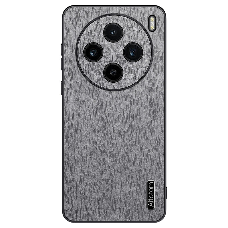 For vivo X100 5G Case Wood Grain PU Leather Coated PC+TPU Mobile Phone Cover - Grey