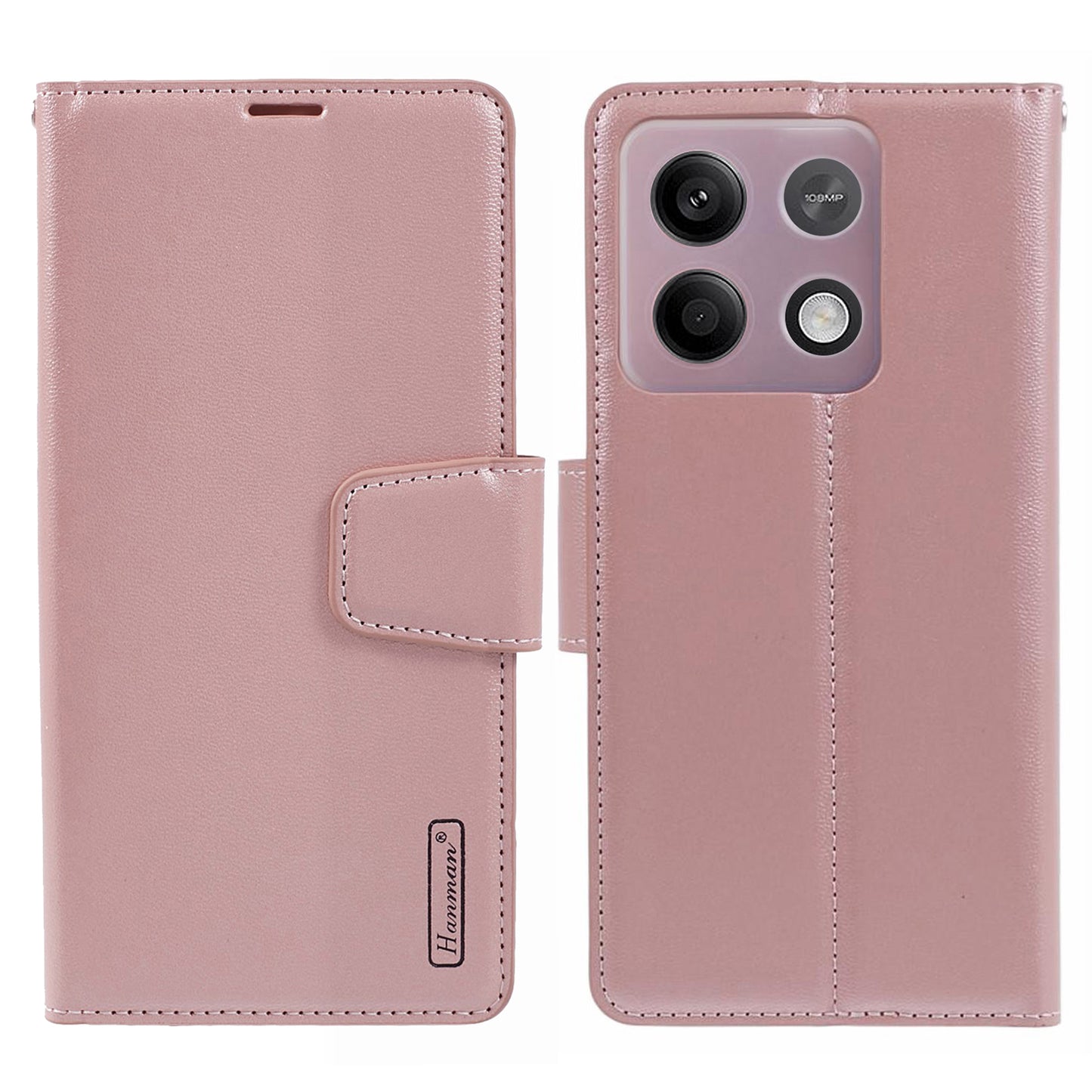HANMAN Mill Series Phone Cover for Xiaomi Redmi Note 13 5G Case PU Leather Phone Shell Wallet - Rose Gold