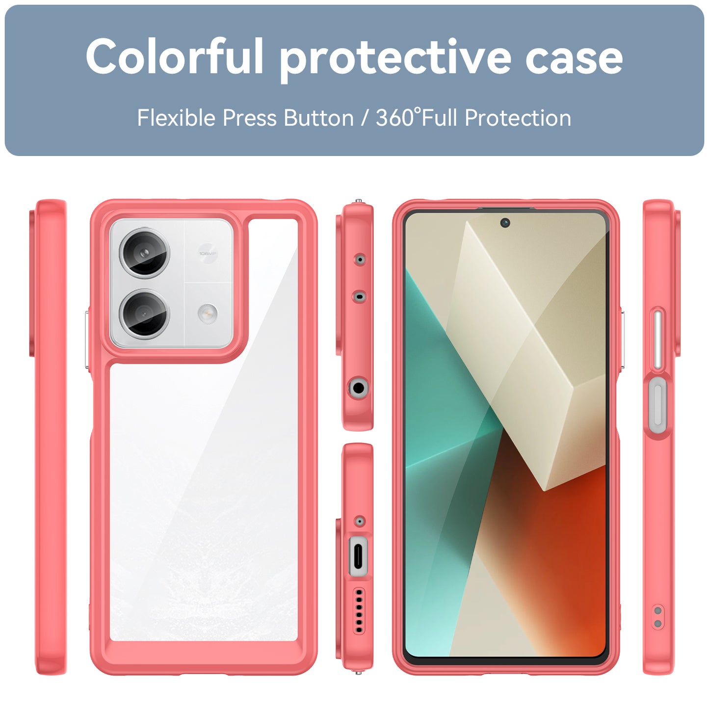 For Xiaomi Redmi Note 13 5G Phone Case Colorful TPU Frame+Acrylic Clear Back - Red