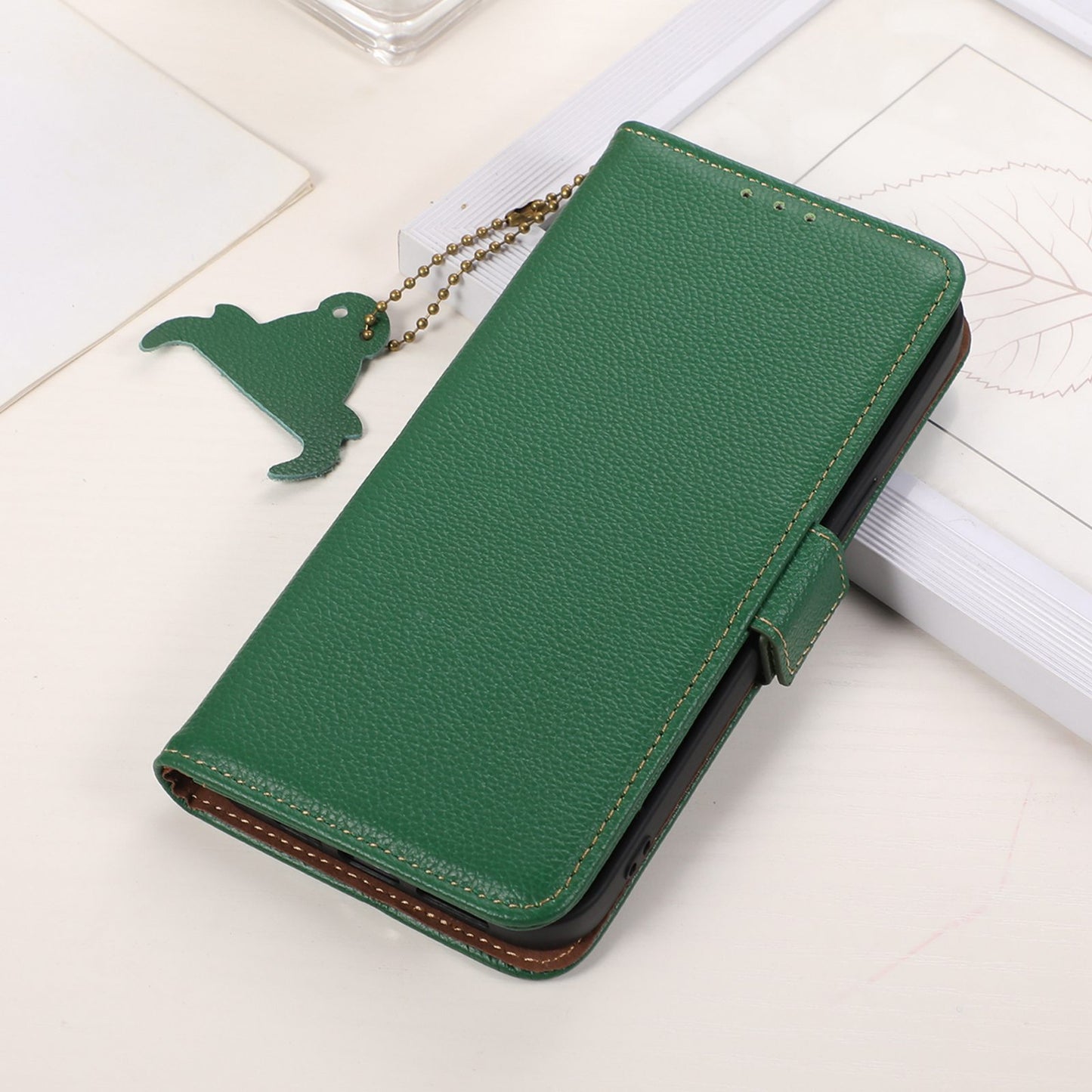 For Xiaomi Redmi Note 13R Pro 5G Wallet Case Genuine Cow Leather Phone Cover - Green