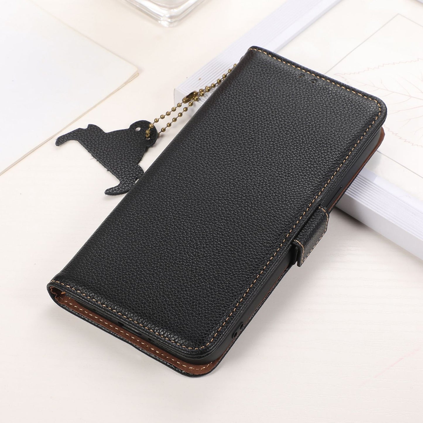 For Xiaomi Redmi Note 13R Pro 5G Wallet Case Genuine Cow Leather Phone Cover - Black