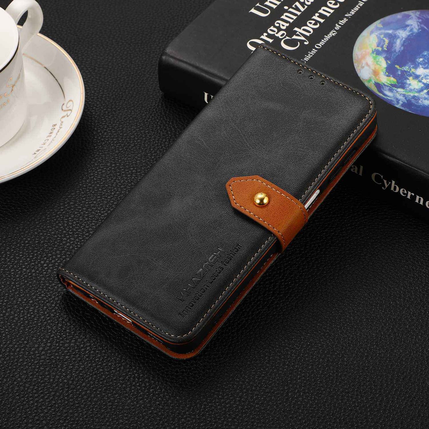KHAZNEH For Xiaomi Redmi Note 13R Pro 5G Leather Case Wallet Cover Cowhide Texture - Black