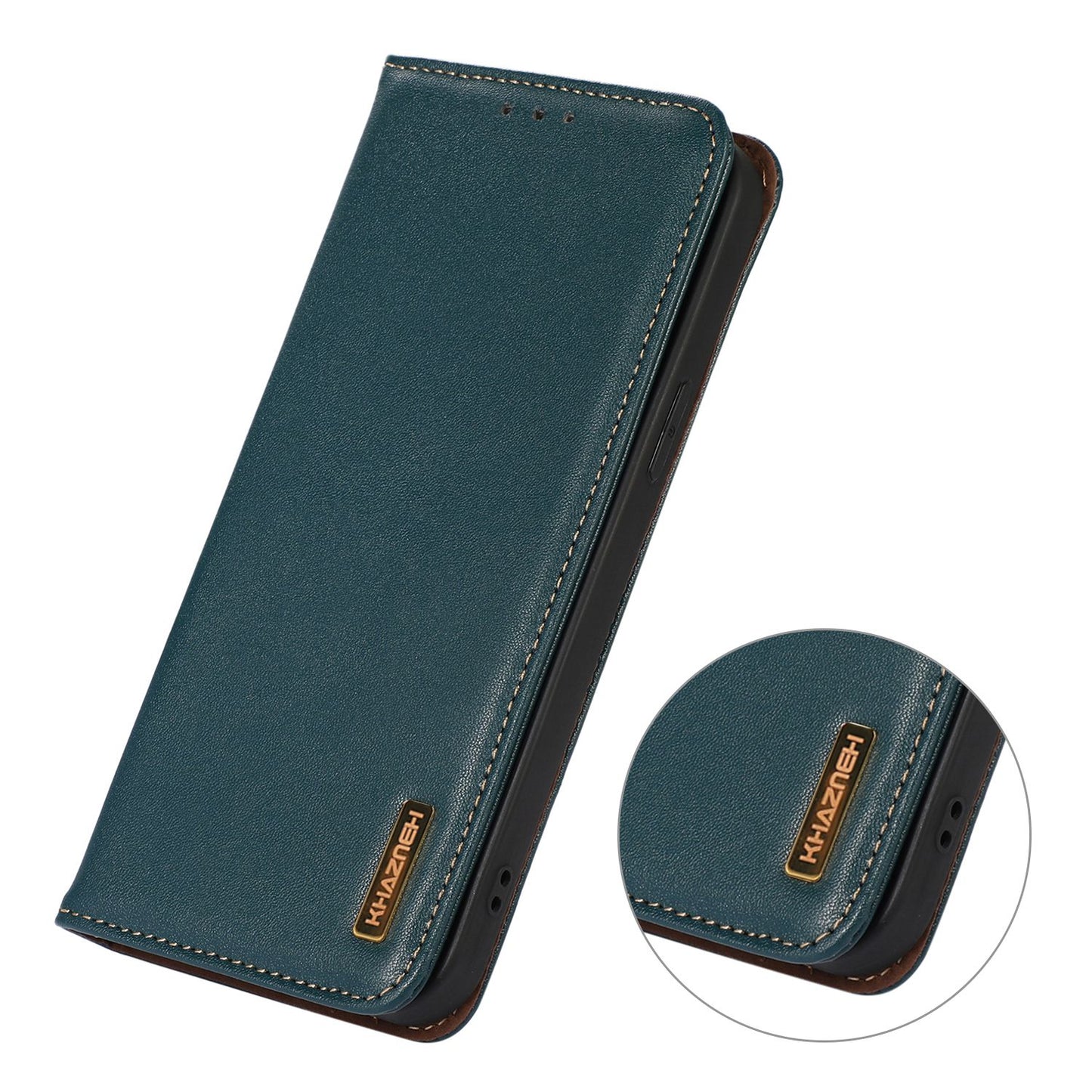 KHAZNEH For Xiaomi Redmi Note 13R Pro 5G Phone Case Genuine Cow Leather RFID Blocking - Green