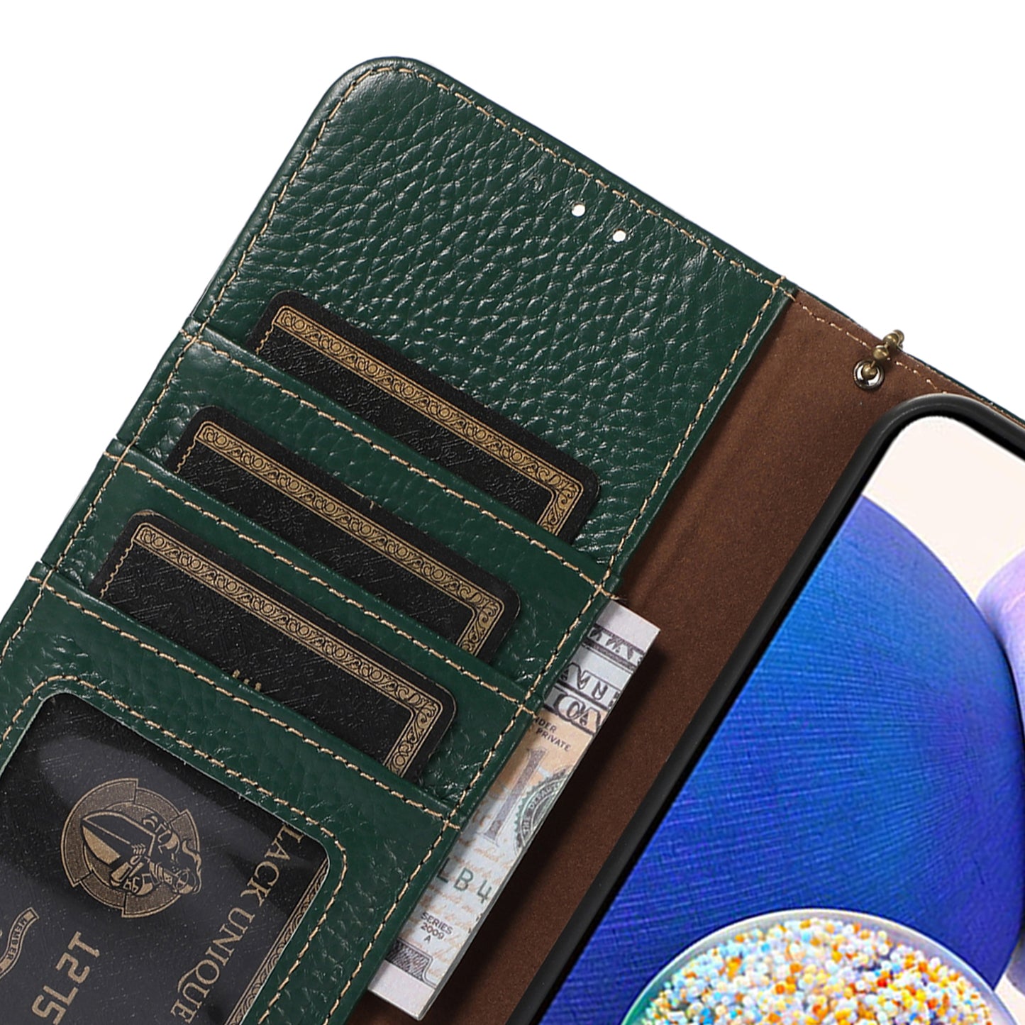 For Xiaomi Redmi Note 13R Pro 5G Genuine Cow Leather Phone Case with Card Slots - Green