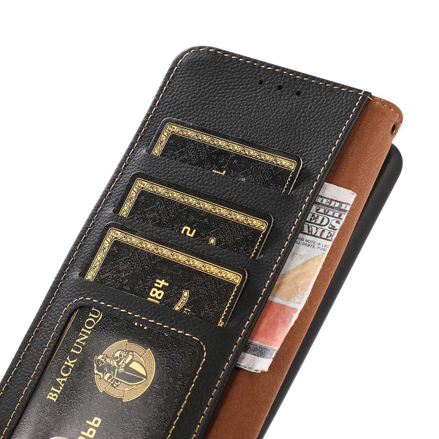 KHAZNEH For Xiaomi Redmi Note 13R Pro 5G Genuine Cow Leather Phone Case RFID Blocking Card Slots Cover - Black