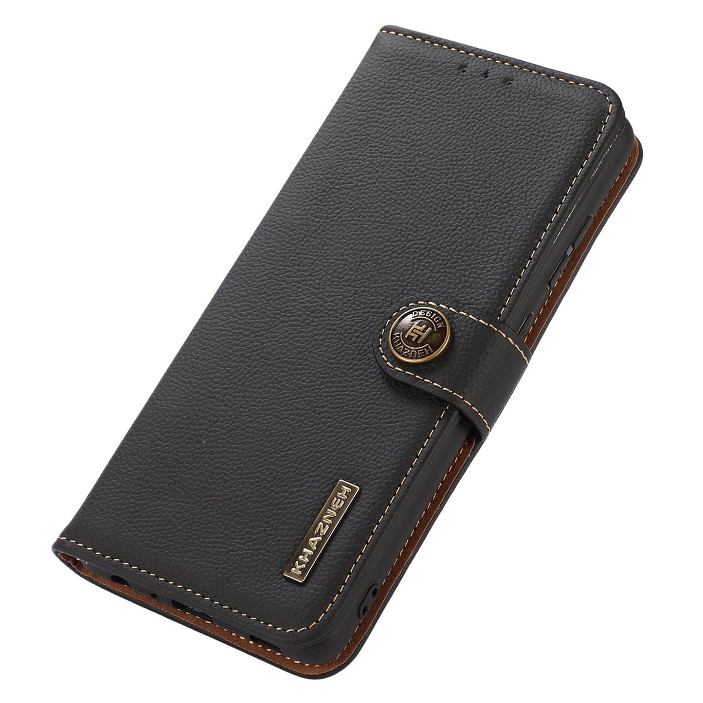 KHAZNEH For Xiaomi Redmi Note 13R Pro 5G Genuine Cow Leather Phone Case RFID Blocking Card Slots Cover - Black