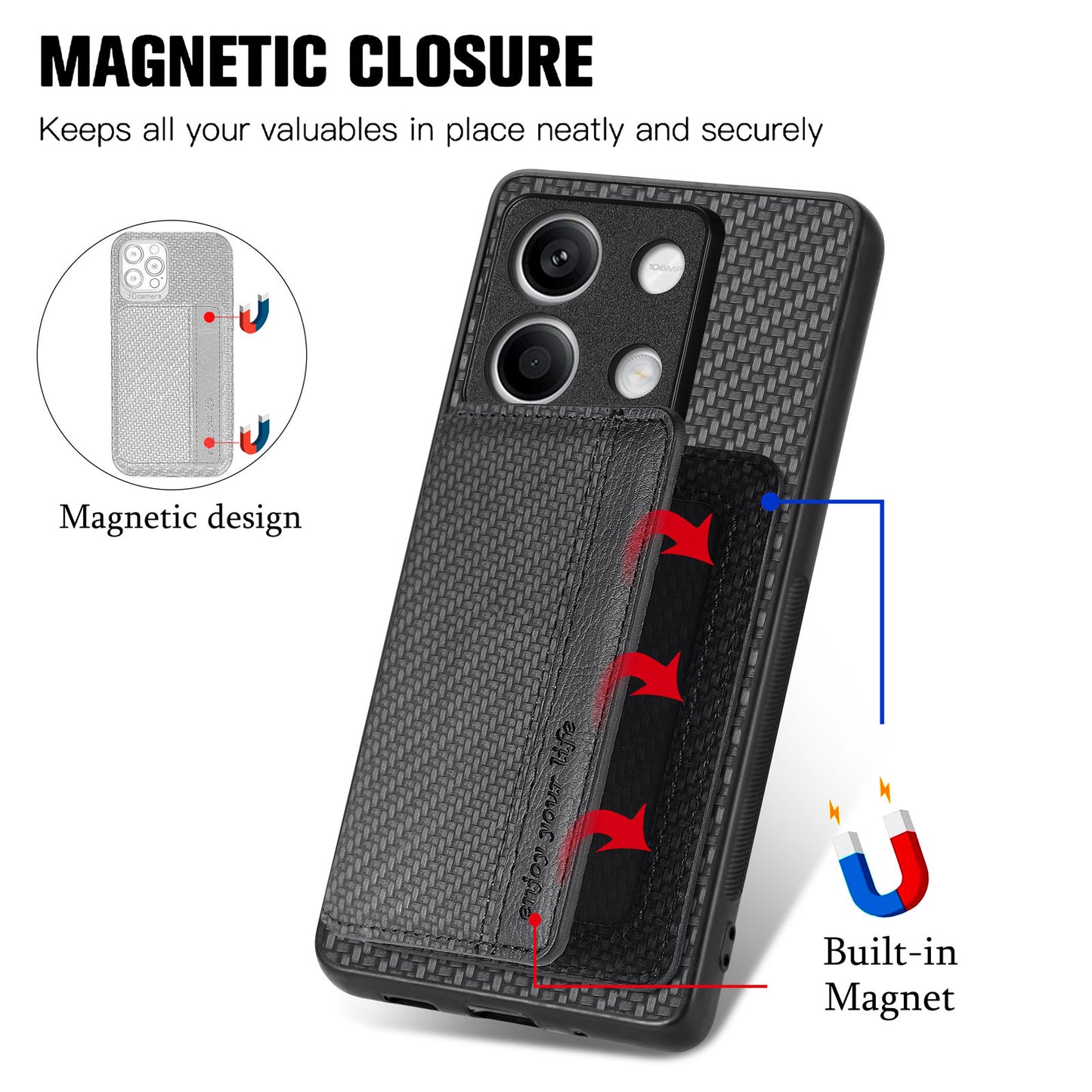 For Xiaomi Redmi Note 13 5G Case Carbon Fiber Texture PU Leather Coated PC+TPU Phone Shell - Black