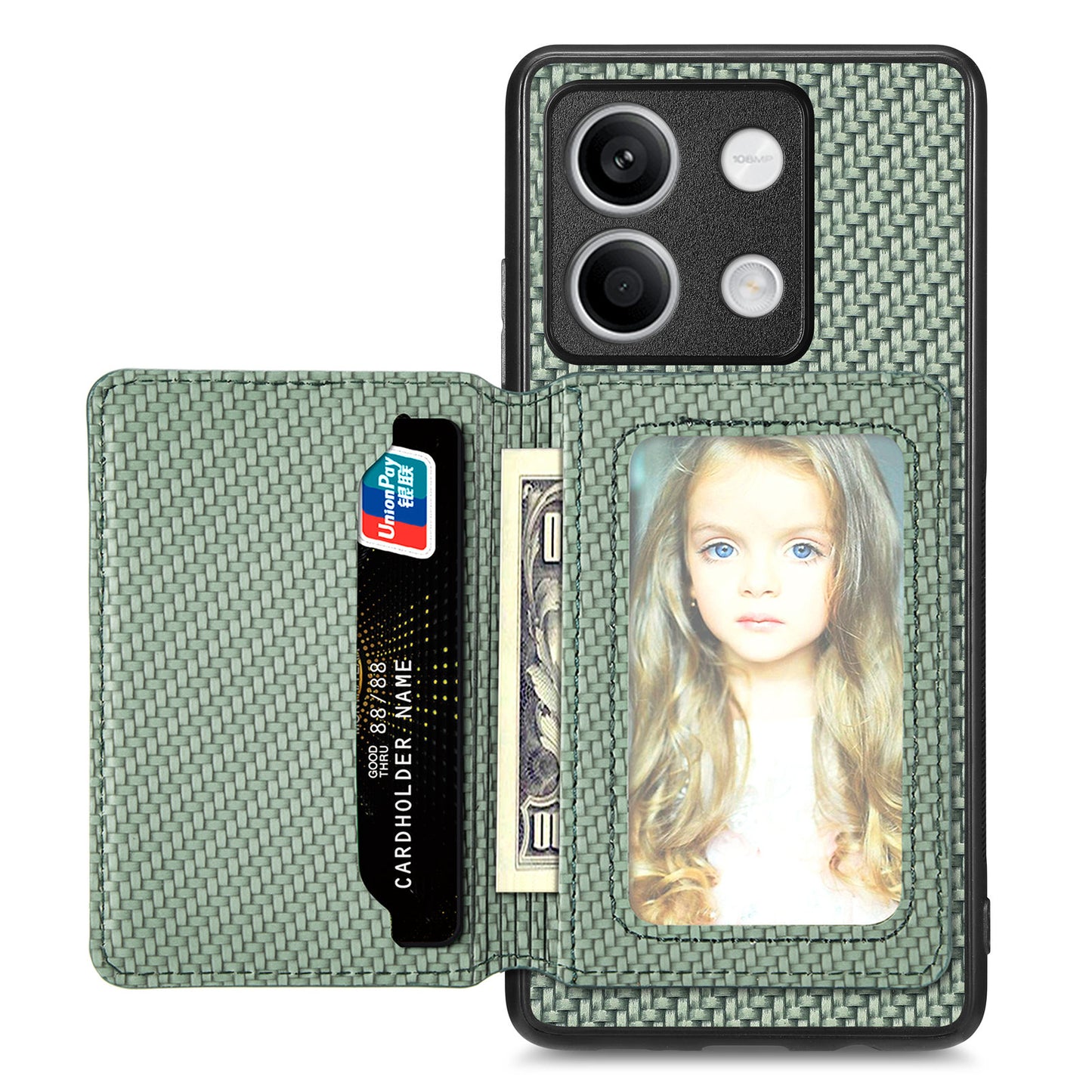 For Xiaomi Redmi Note 13 5G Case Carbon Fiber Texture PU Leather Coated PC+TPU Phone Shell - Green