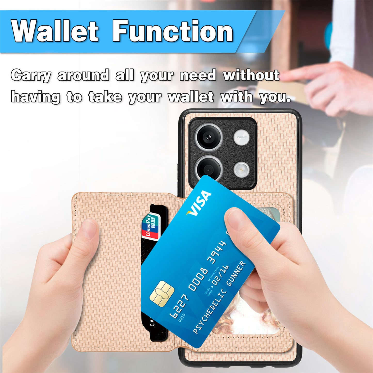 For Xiaomi Redmi Note 13 5G Case Carbon Fiber Texture PU Leather Coated PC+TPU Phone Shell - Khaki