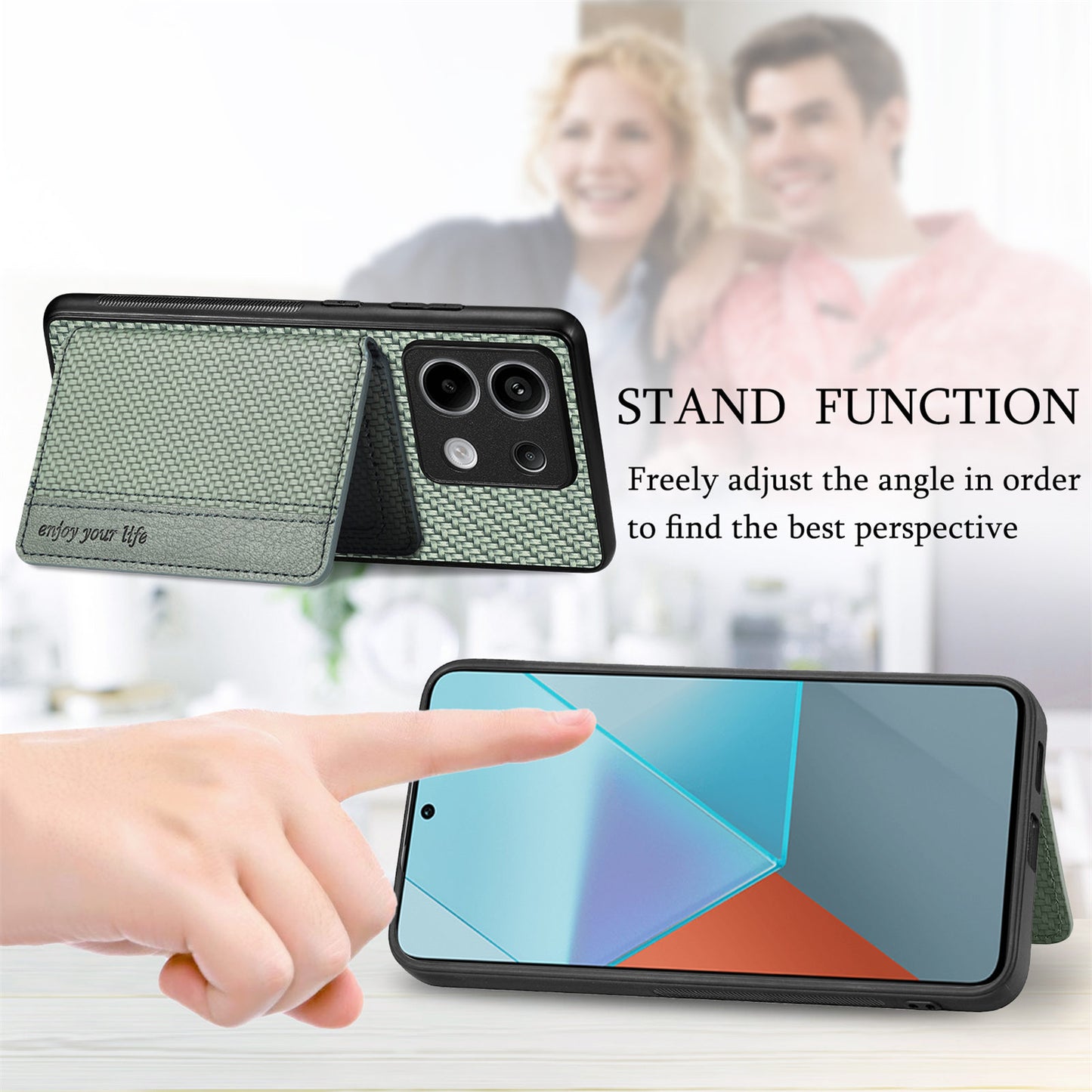 For Xiaomi Redmi Note 13 Pro 5G / Poco X6 5G Case Slim-Fit Kickstand Carbon Fiber Texture Protective Shell - Green