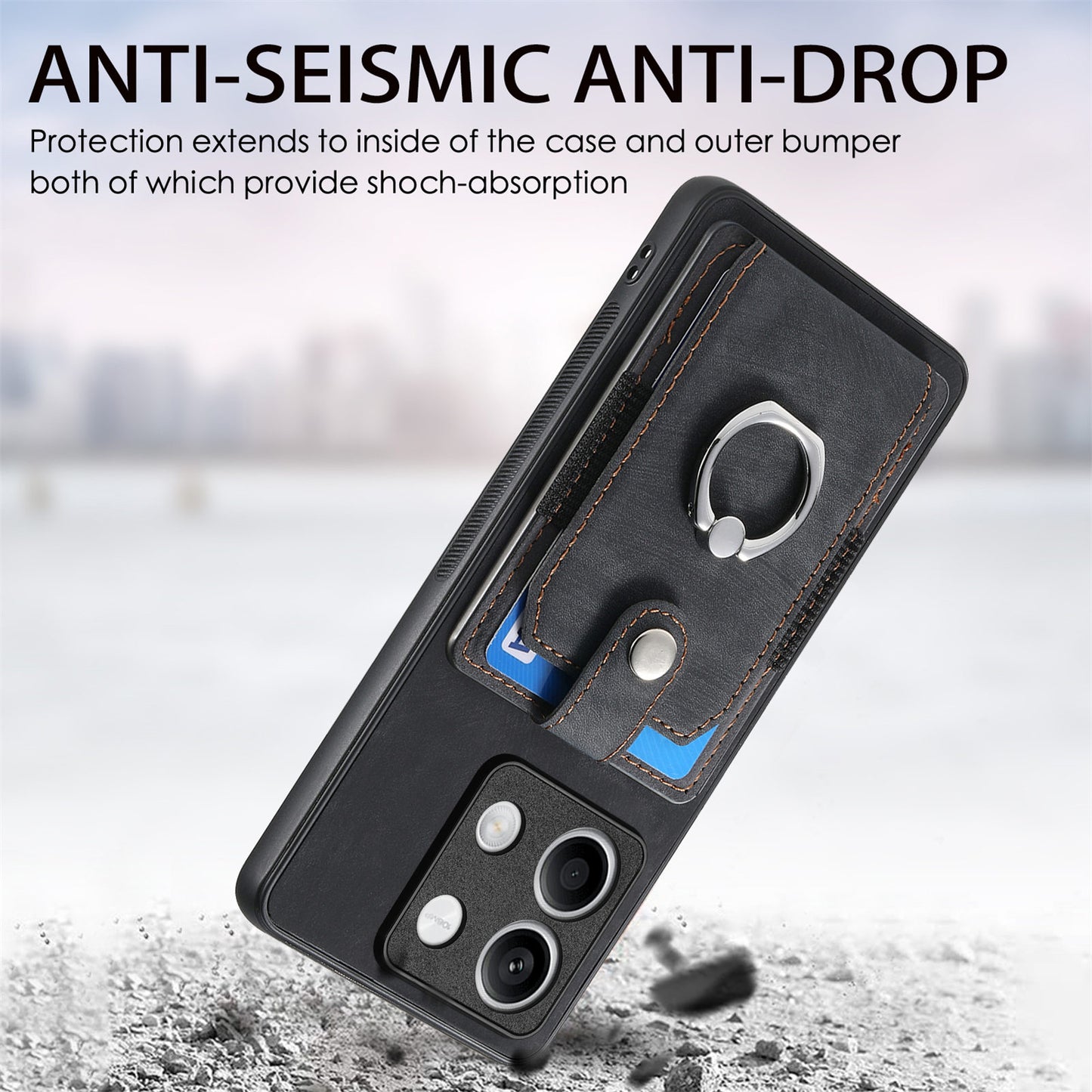D2 For Xiaomi Redmi Note 13 5G Phone Case Vintage Texture Rotation Ring Holder Card Slots - Black
