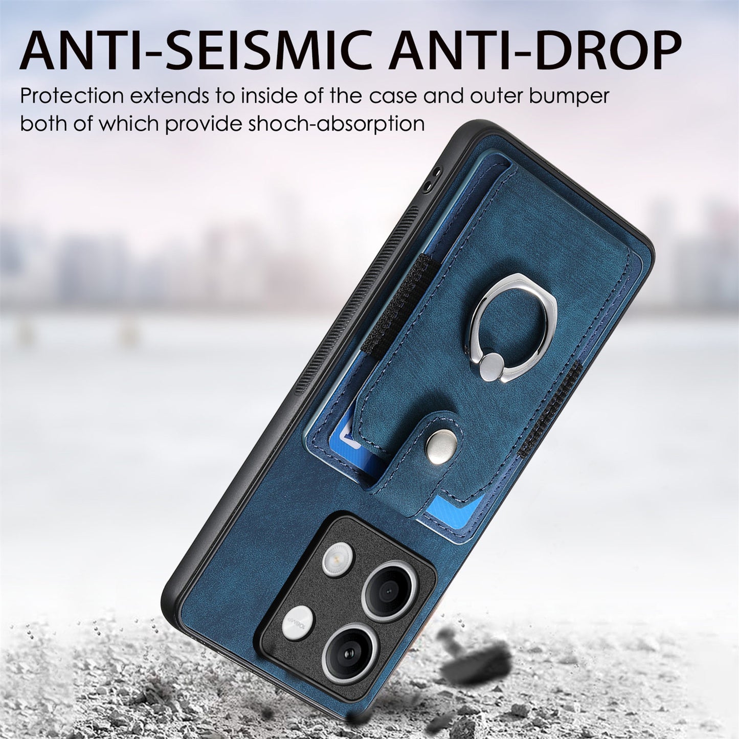 D2 For Xiaomi Redmi Note 13 5G Phone Case Vintage Texture Rotation Ring Holder Card Slots - Blue
