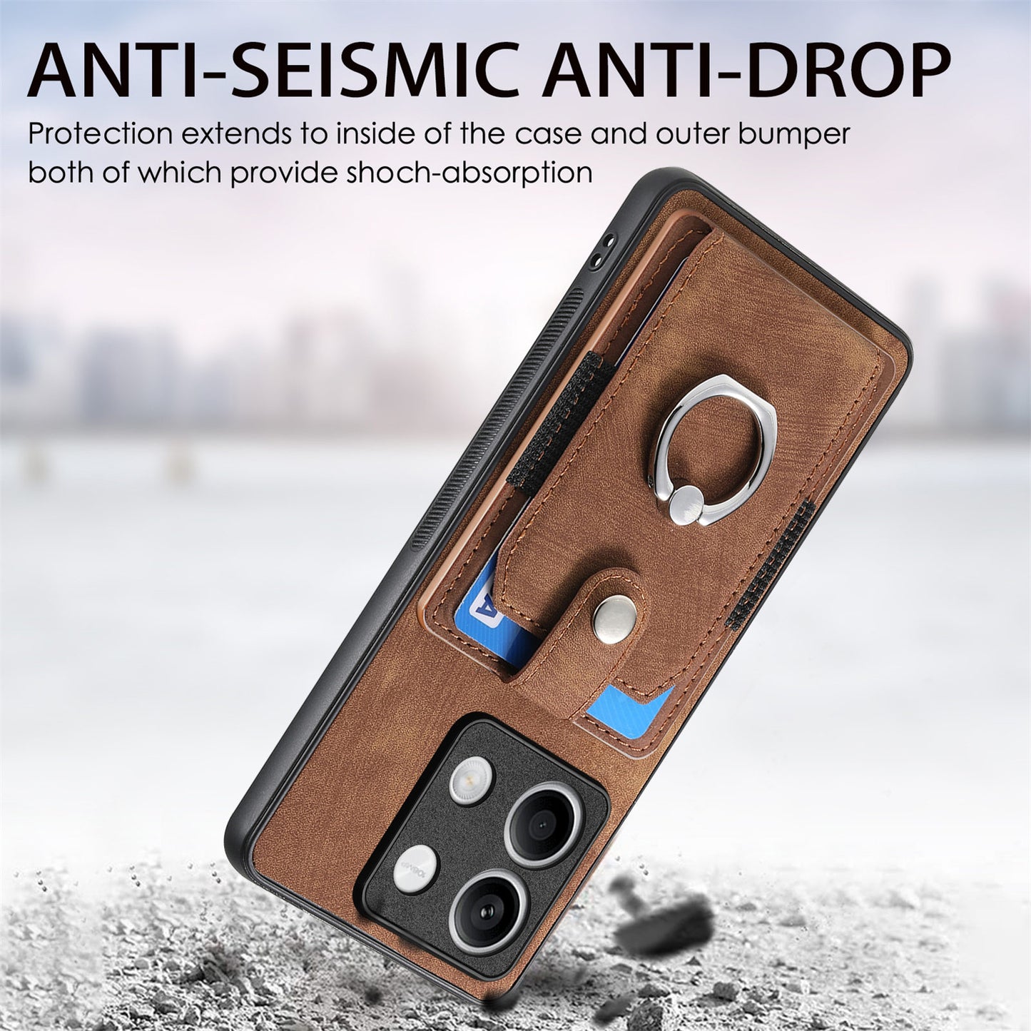 D2 For Xiaomi Redmi Note 13 5G Phone Case Vintage Texture Rotation Ring Holder Card Slots - Brown