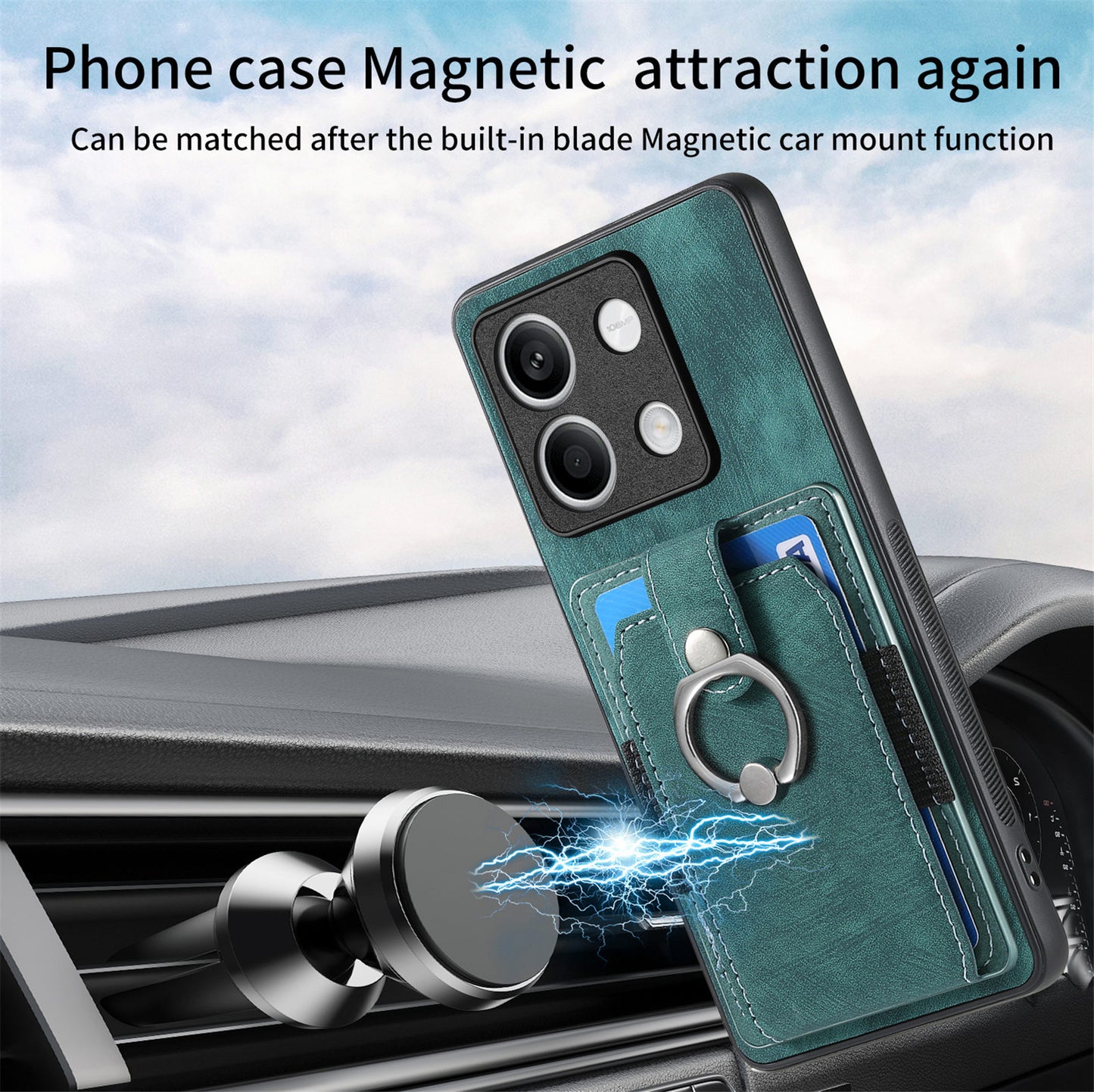 D2 For Xiaomi Redmi Note 13 5G Phone Case Vintage Texture Rotation Ring Holder Card Slots - Green