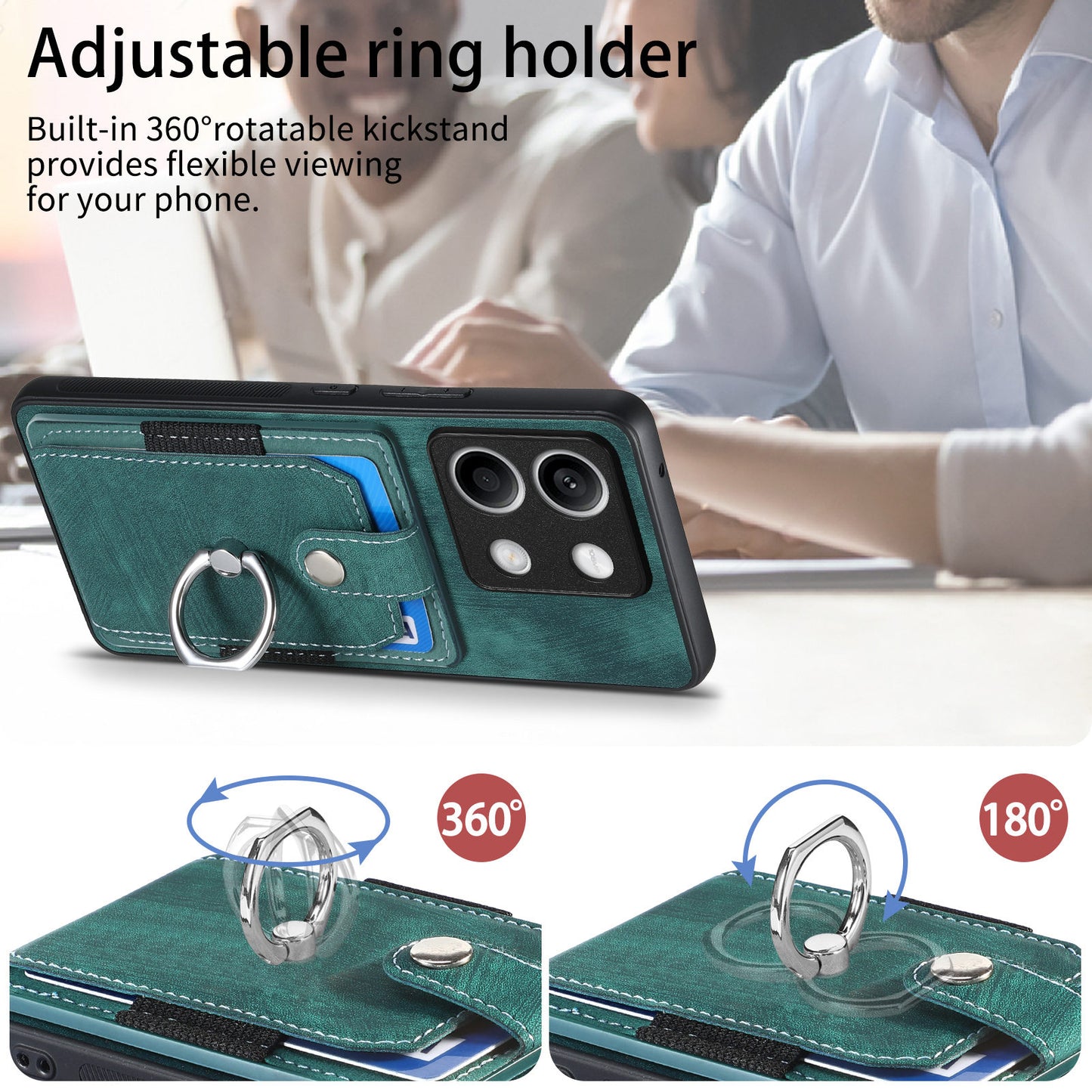 D2 For Xiaomi Redmi Note 13 5G Phone Case Vintage Texture Rotation Ring Holder Card Slots - Green