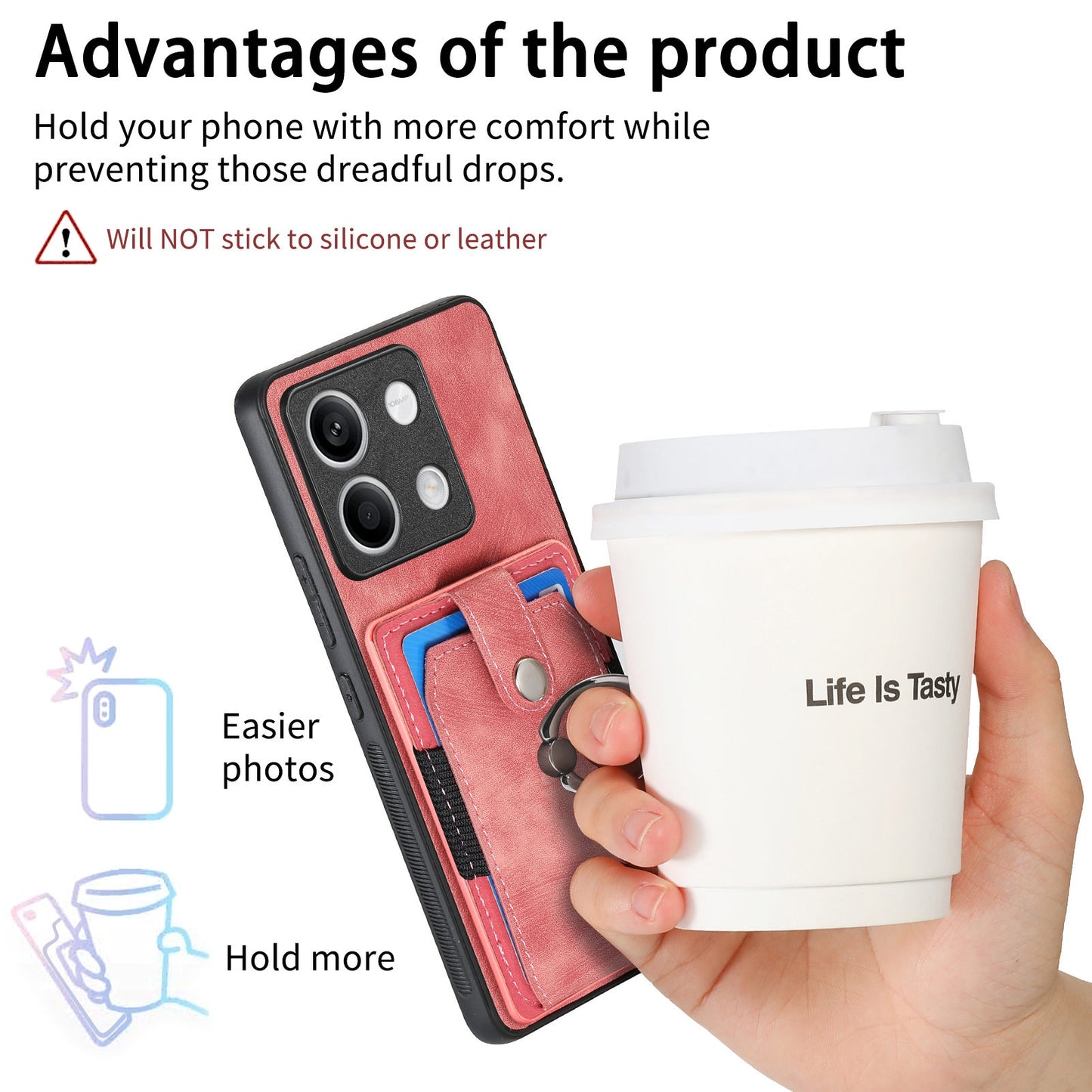 D2 For Xiaomi Redmi Note 13 5G Phone Case Vintage Texture Rotation Ring Holder Card Slots - Pink