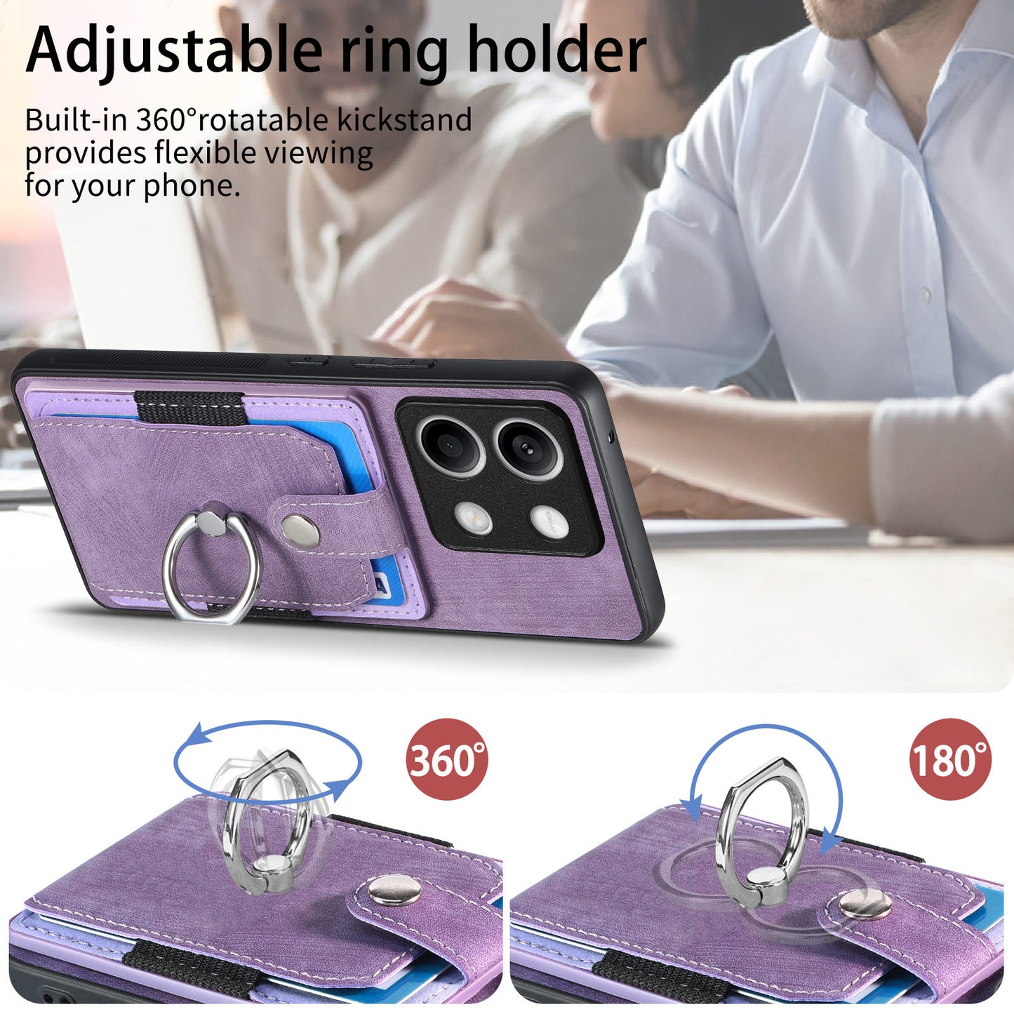 D2 For Xiaomi Redmi Note 13 5G Phone Case Vintage Texture Rotation Ring Holder Card Slots - Purple