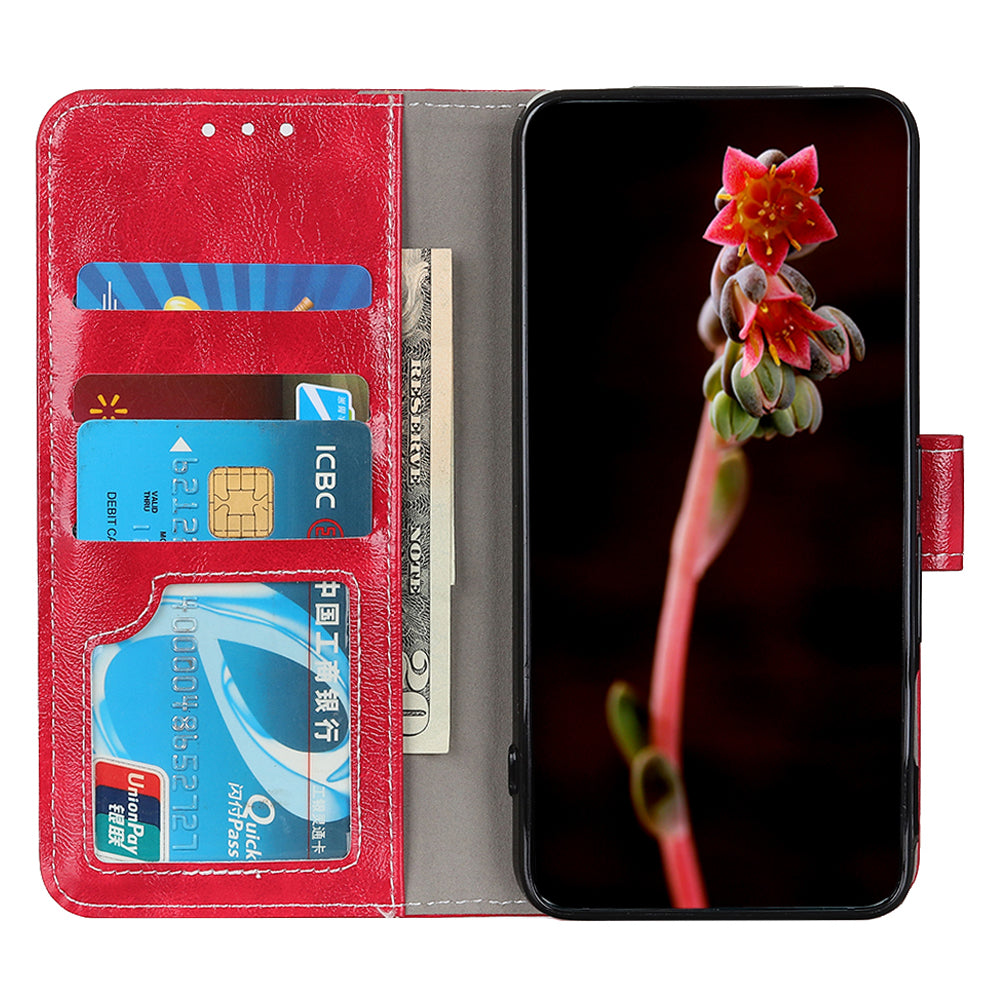 For Xiaomi Redmi Note 13R Pro 5G Magnetic Case Crazy Horse Texture Vintage Stand Cover - Red