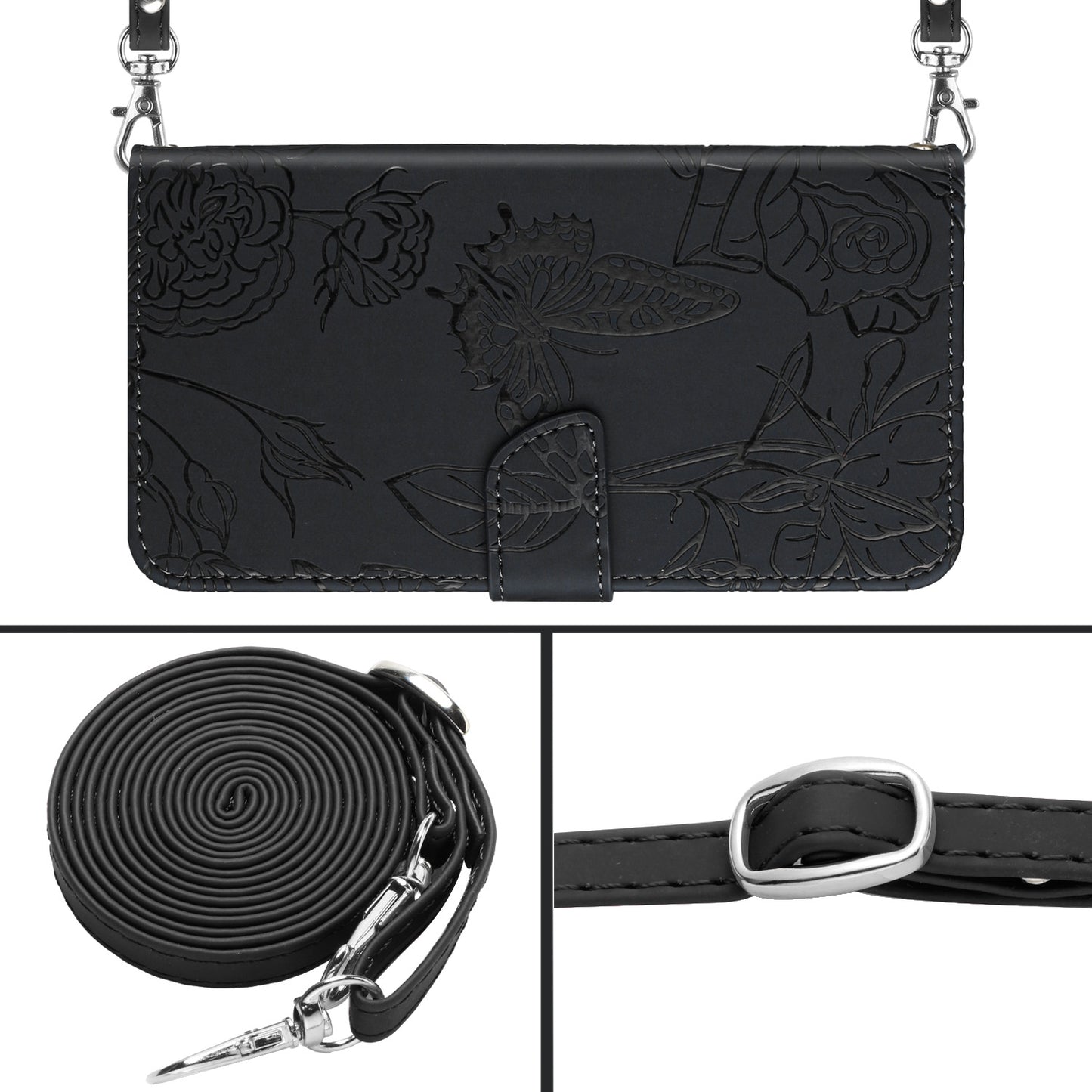 HT03 For Xiaomi Redmi Note 13 4G Cell Phone Case Imprinted Leather Cover with Long Strap - Black