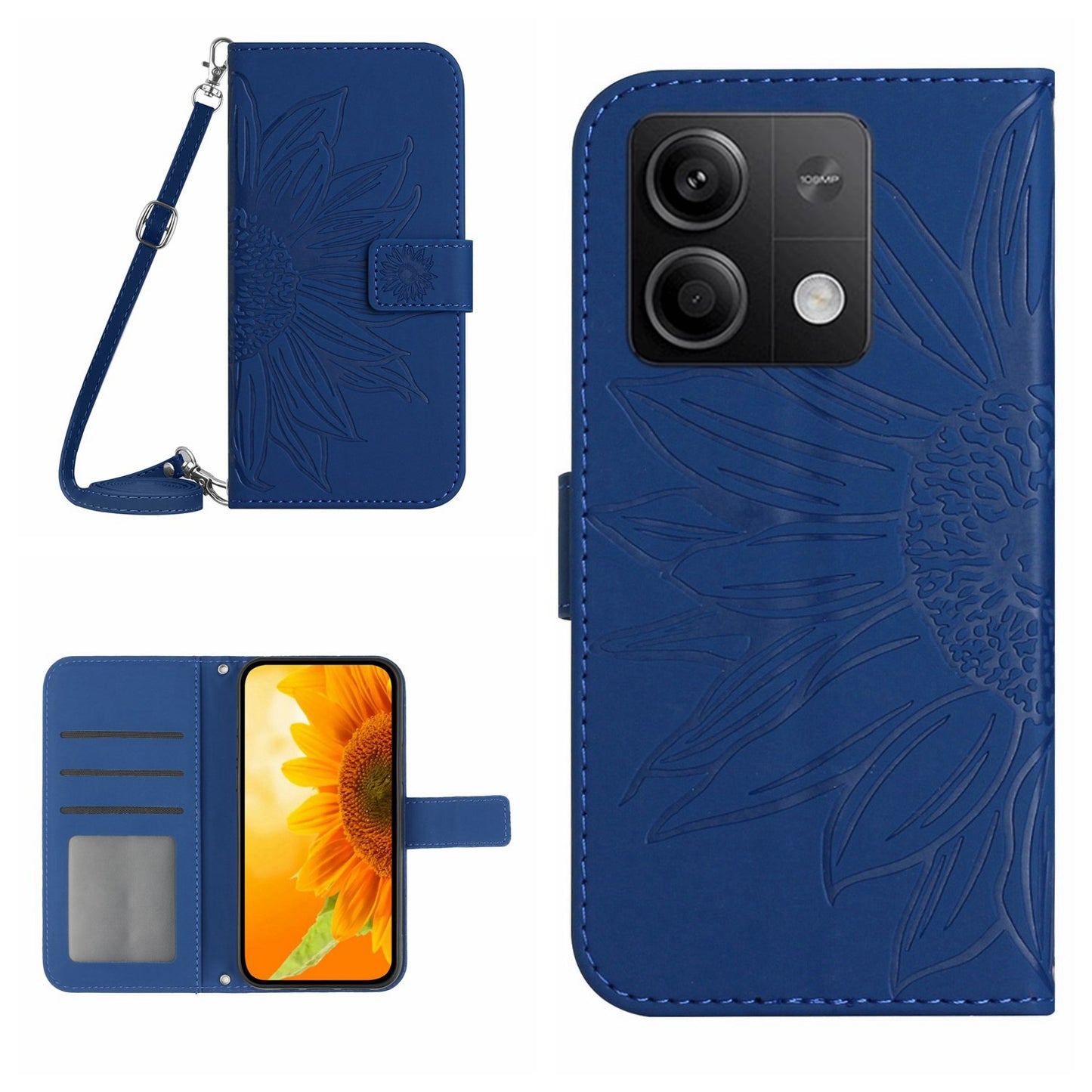 HT04 For Xiaomi Redmi Note 13 4G Magnetic Phone Case Sunflower Imprint Leather Cover - Sapphire