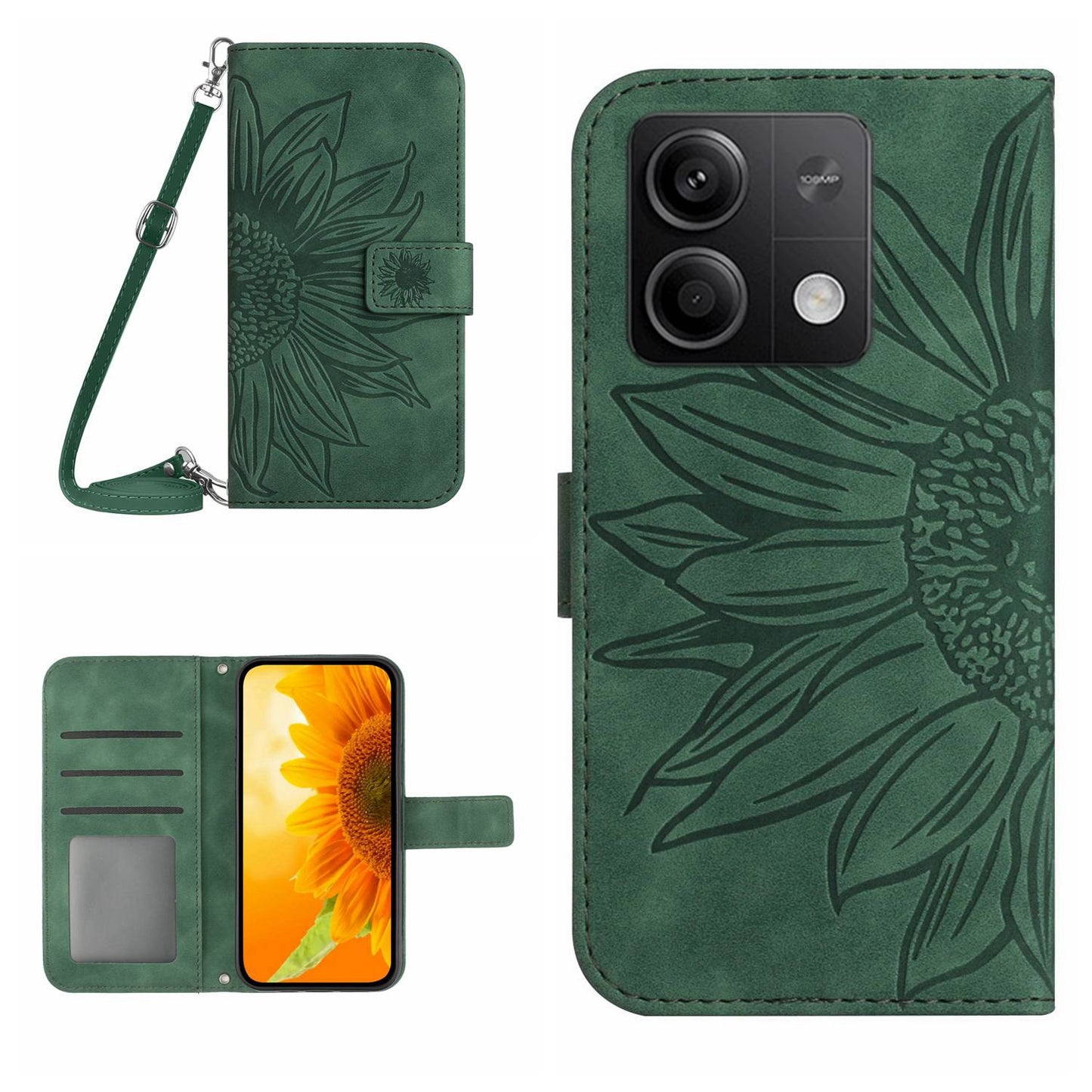 HT04 For Xiaomi Redmi Note 13 4G Magnetic Phone Case Sunflower Imprint Leather Cover - Dark Green