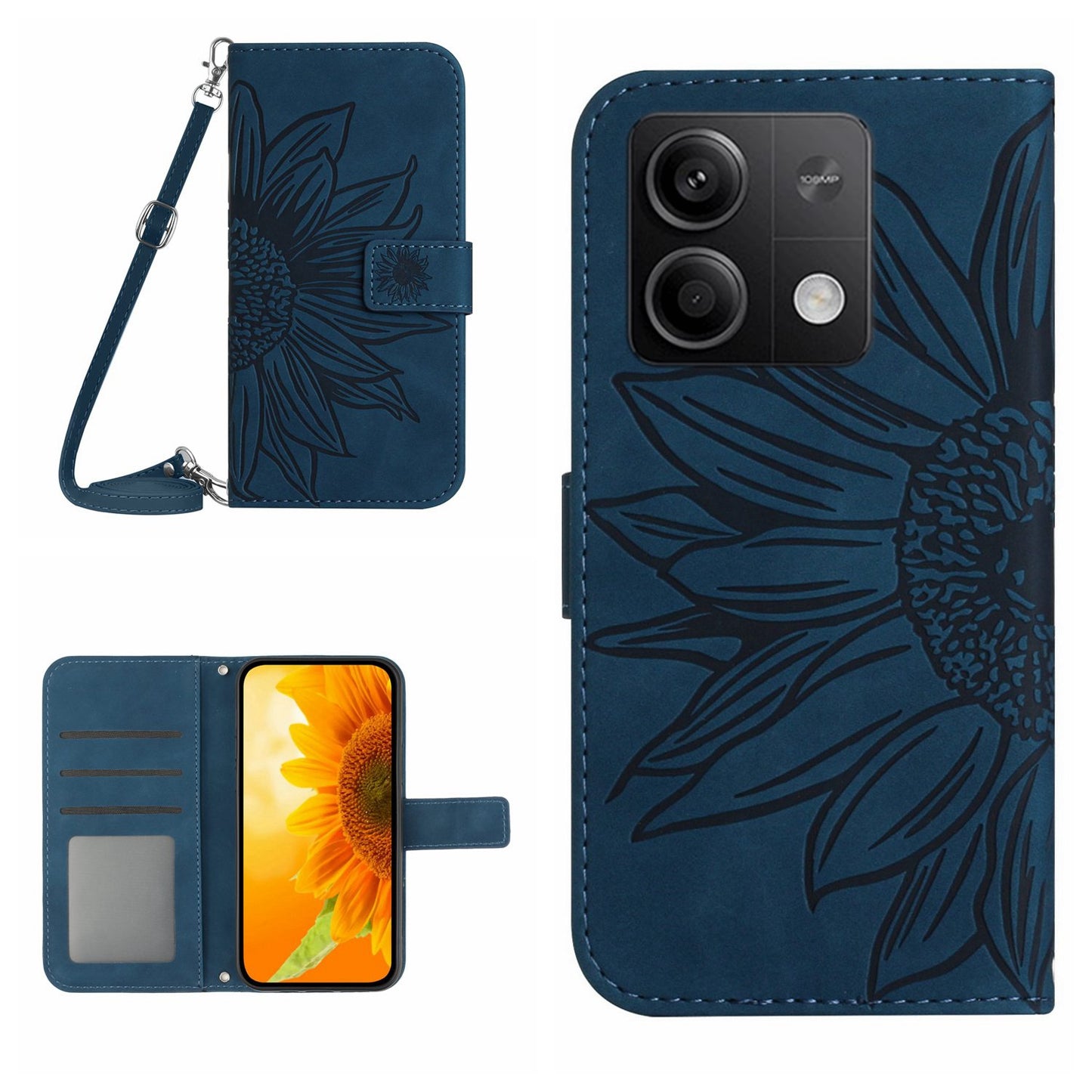 HT04 For Xiaomi Redmi Note 13 4G Magnetic Phone Case Sunflower Imprint Leather Cover - Dark Blue