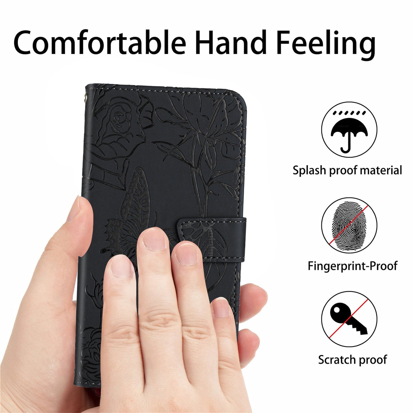 HT03 For Xiaomi Redmi Note 13 4G Case Leather Imprinted Phone Wallet Cover with Hand Strap - Black