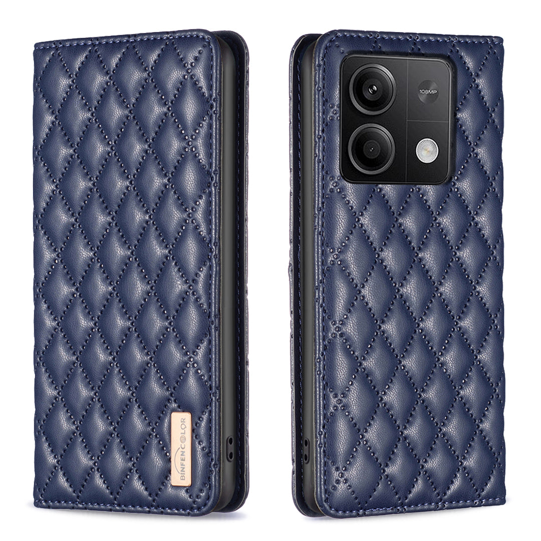 BINFEN COLOR BF Style-16 For Xiaomi Redmi Note 13 4G Leather Case Rhombus Pattern Phone Cover - Blue