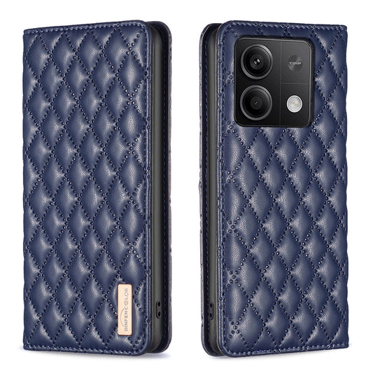 BINFEN COLOR BF Style-16 For Xiaomi Redmi Note 13 4G Leather Case Rhombus Pattern Phone Cover - Blue