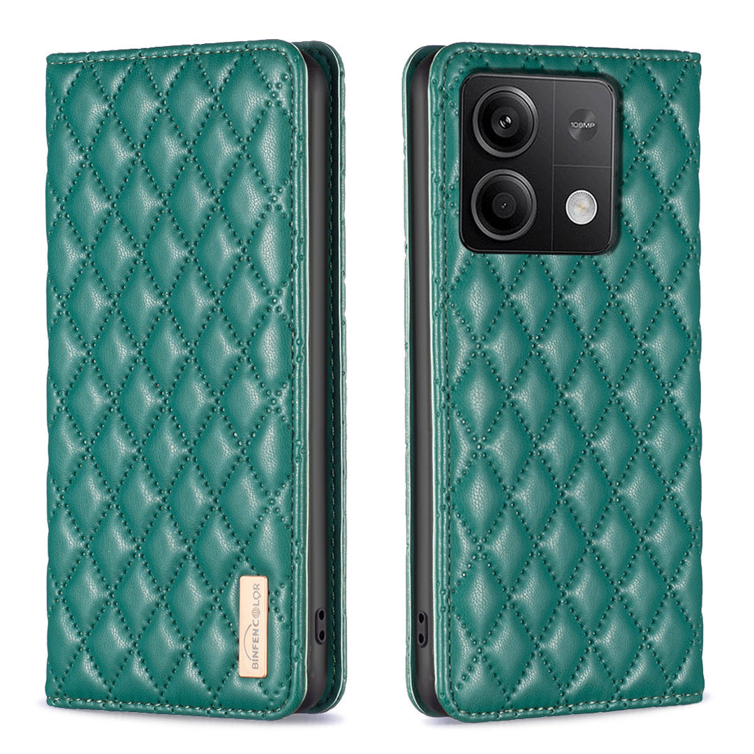 BINFEN COLOR BF Style-16 For Xiaomi Redmi Note 13 4G Leather Case Rhombus Pattern Phone Cover - Green