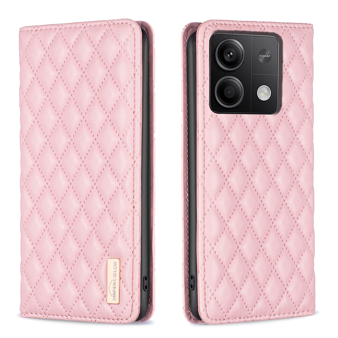 BINFEN COLOR BF Style-16 For Xiaomi Redmi Note 13 4G Leather Case Rhombus Pattern Phone Cover - Pink