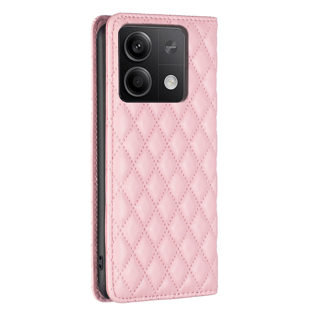 BINFEN COLOR BF Style-16 For Xiaomi Redmi Note 13 4G Leather Case Rhombus Pattern Phone Cover - Pink