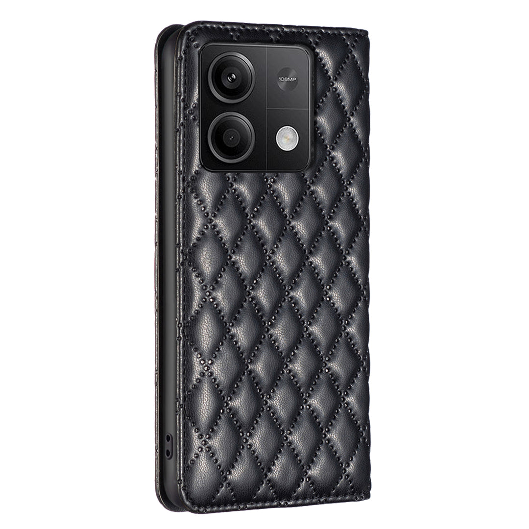 BINFEN COLOR BF Style-16 For Xiaomi Redmi Note 13 4G Leather Case Rhombus Pattern Phone Cover - Black