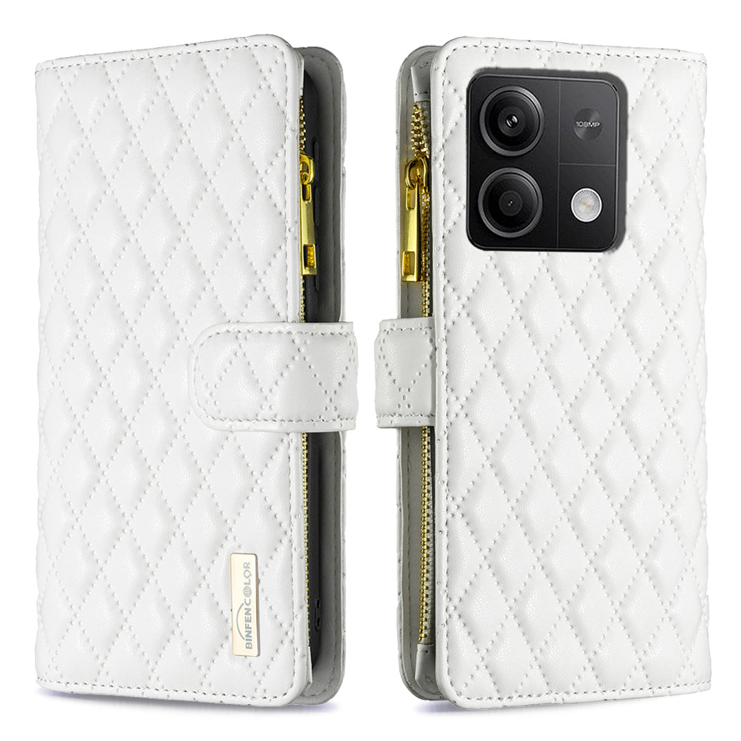 BINFEN COLOR BF Style-15 For Xiaomi Redmi Note 13 4G Case Leather Flip Zipper Pocket Phone Cover - White