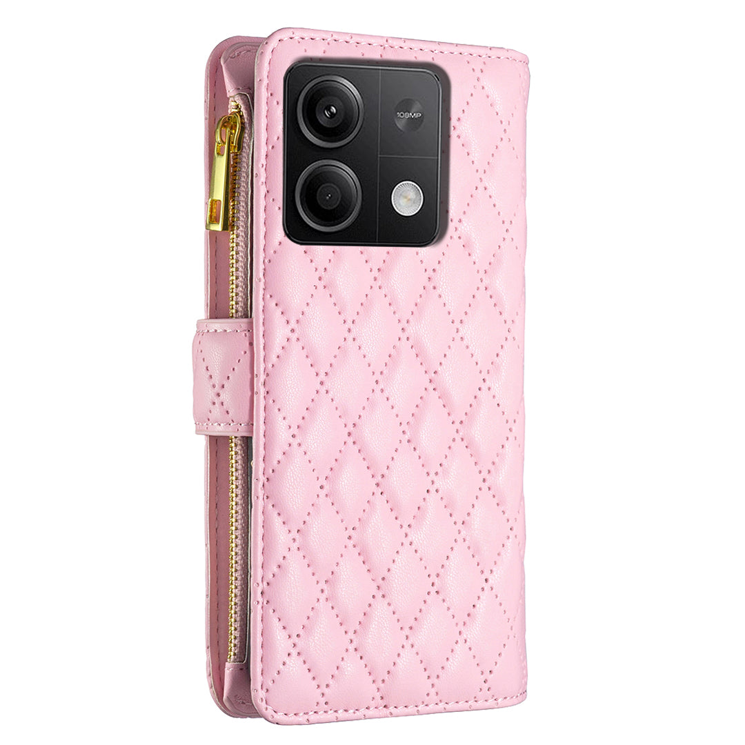BINFEN COLOR BF Style-15 For Xiaomi Redmi Note 13 4G Case Leather Flip Zipper Pocket Phone Cover - Pink