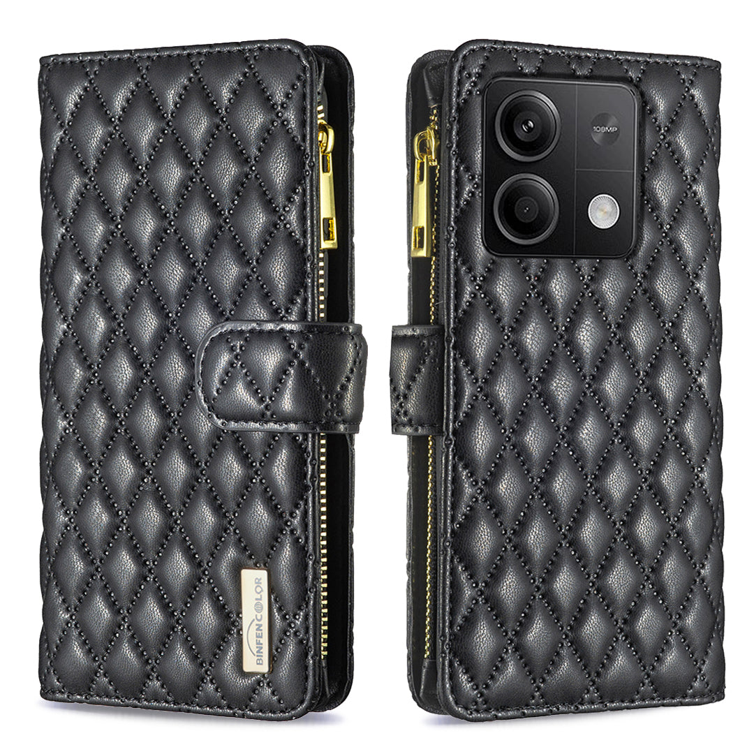 BINFEN COLOR BF Style-15 For Xiaomi Redmi Note 13 4G Case Leather Flip Zipper Pocket Phone Cover - Black