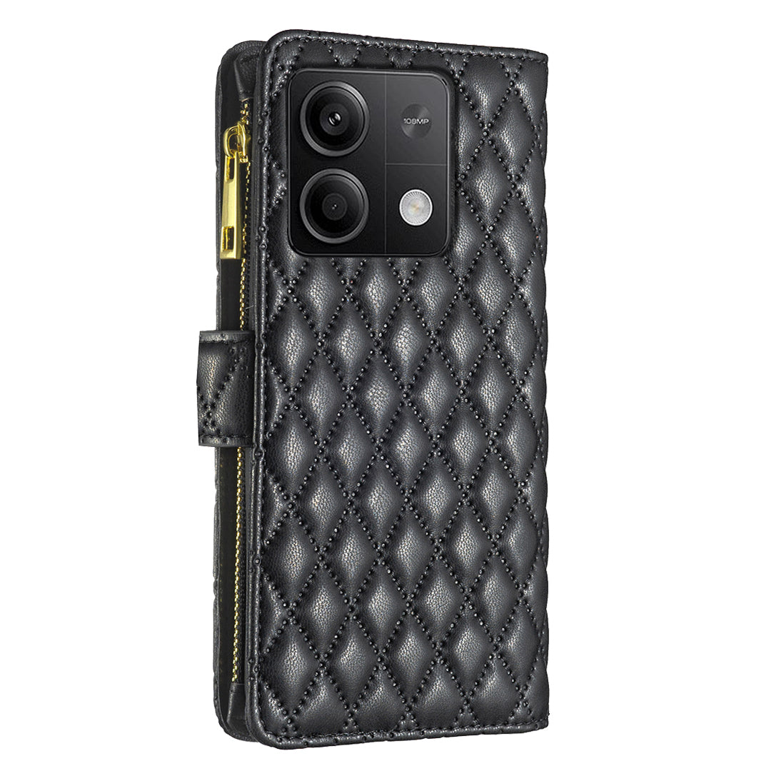 BINFEN COLOR BF Style-15 For Xiaomi Redmi Note 13 4G Case Leather Flip Zipper Pocket Phone Cover - Black